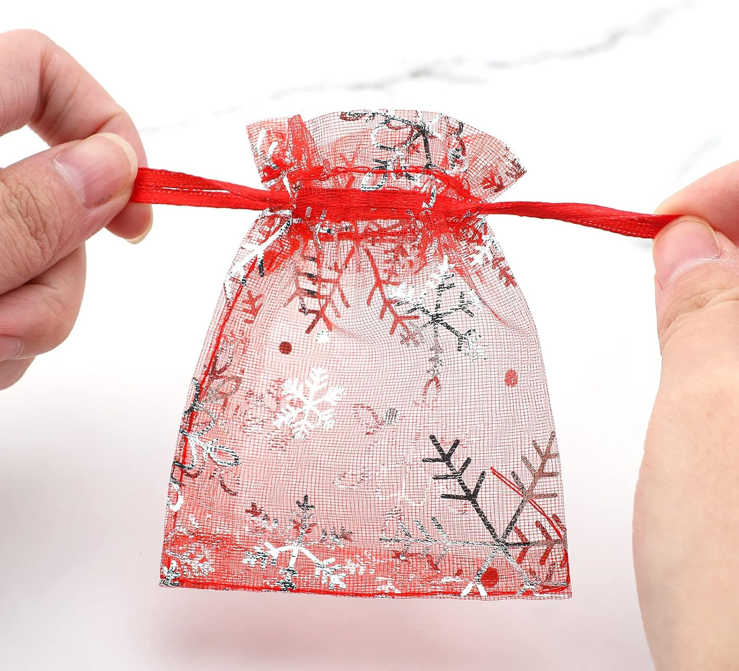 jijAcraft 3x4Inch Christmas Organza Bags - 50Pcs Red Snowflake Gift Bags, Xmas Party Favor Drawstring Mesh Gift Pouches for Winter Gift, Candy, Jewelry Bags