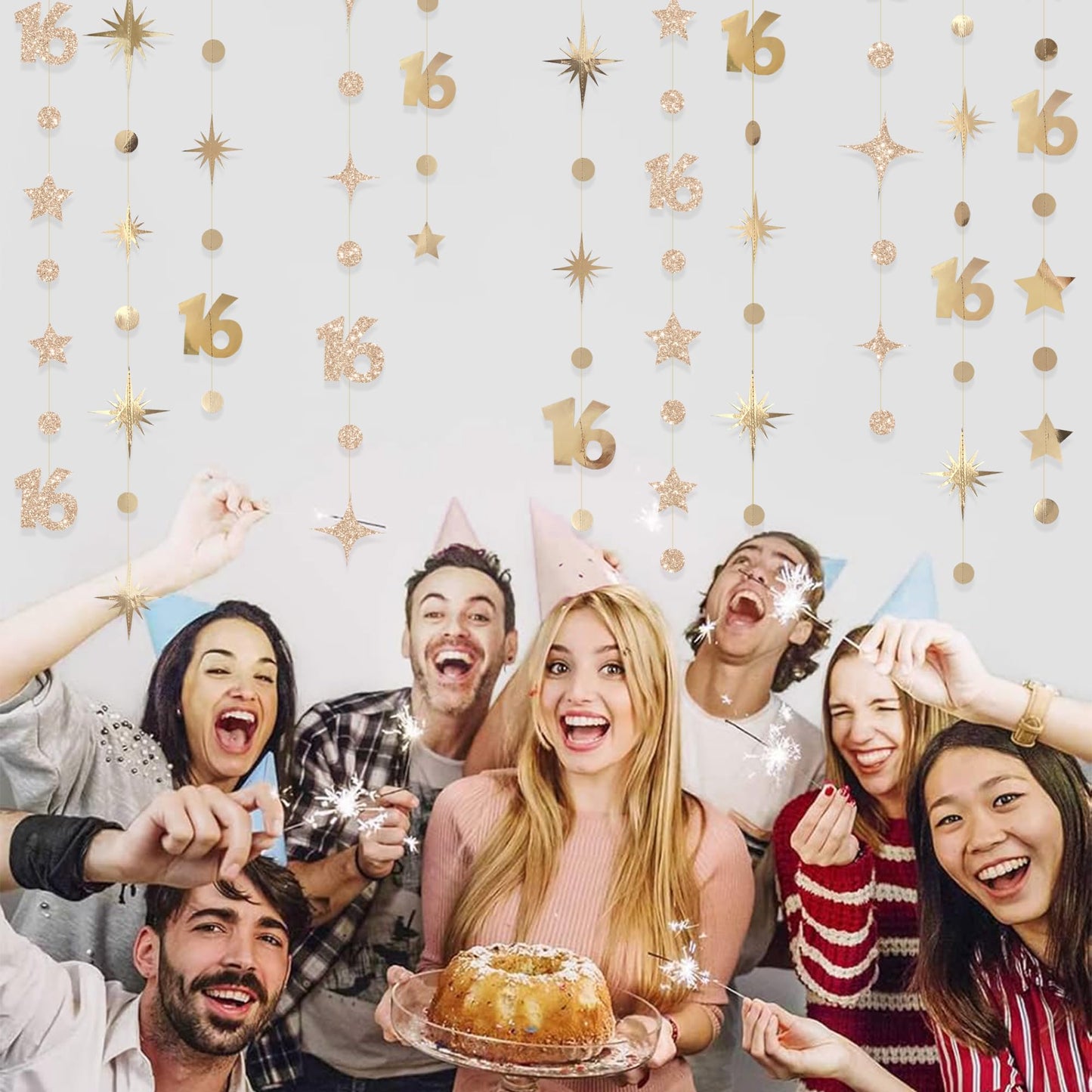 Champagne Gold Number 16 Circle Dot Twinkle Star Garland Streamer Bunting Banner Backdrop