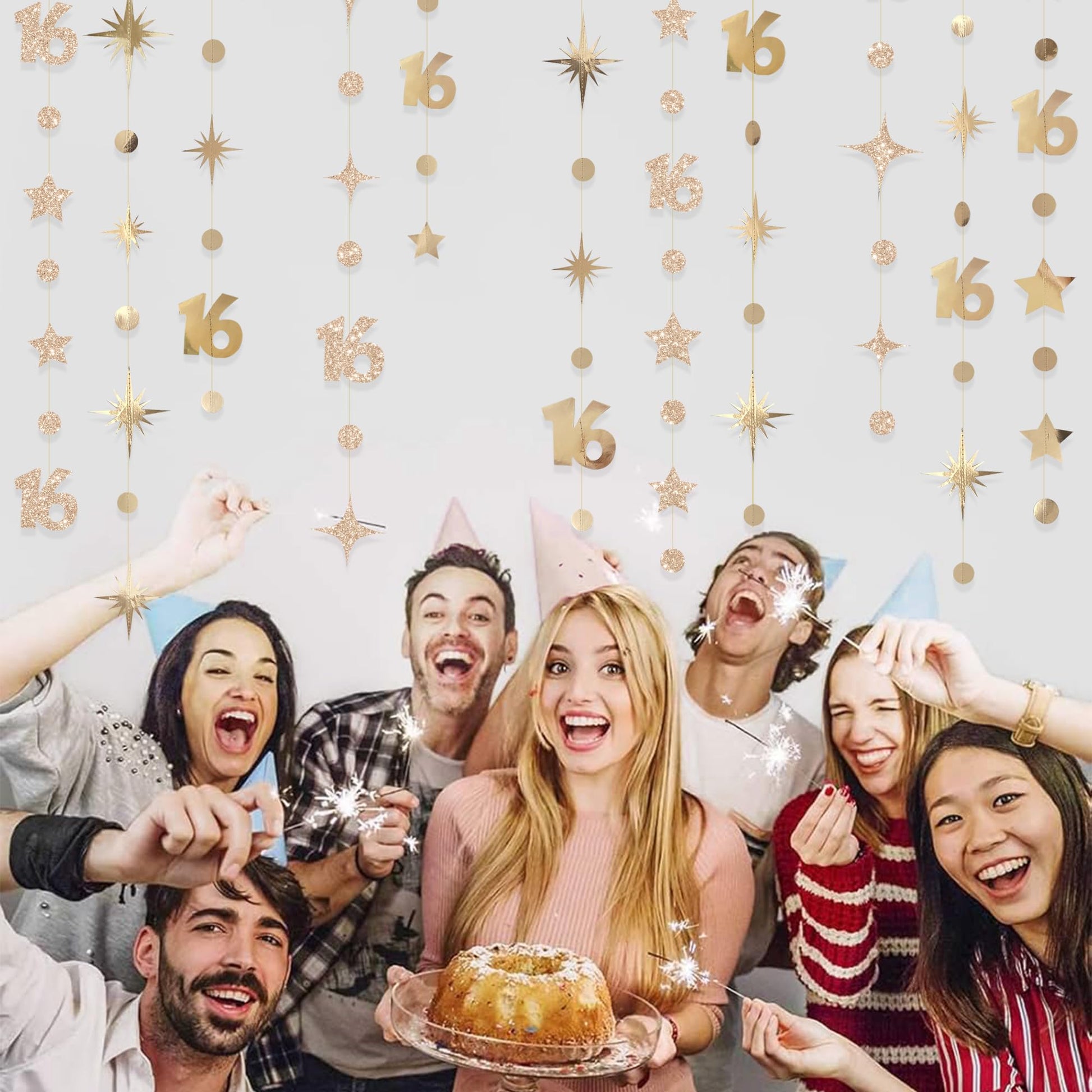 Champagne Gold Number 16 Circle Dot Twinkle Star Garland Streamer Bunting Banner Backdrop