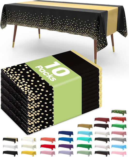 Pureegg Plastic Table Cloth Disposable 10 Pack, 54 x 108 Inch, Table Runner Style, Graduation Decorations 2025, Party Tablecloths, Rectangle, Plastic Cover, Leakproof & Sturdy, Black Gold