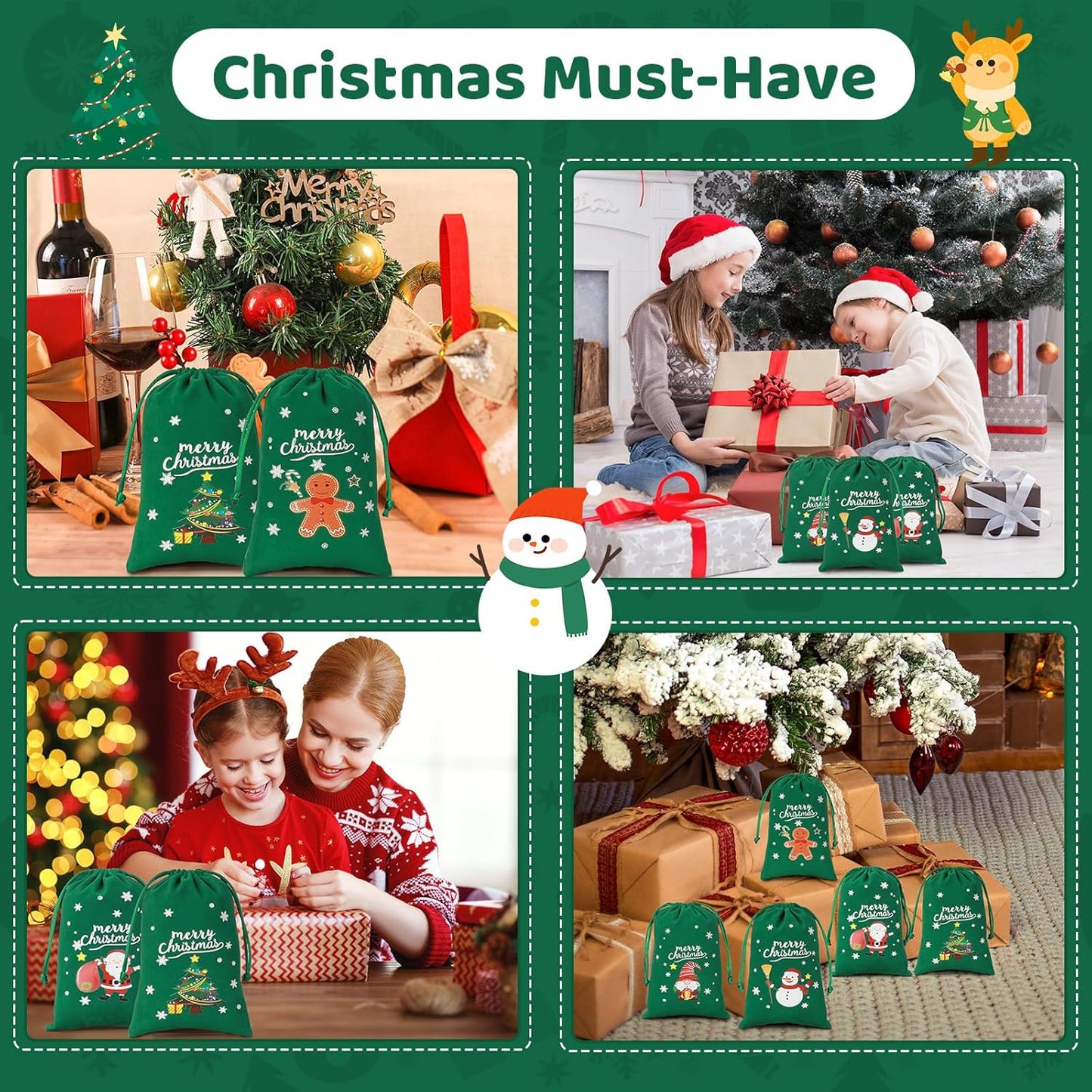 Tapleap Coth Christmas Bags with Drawstring - 50Pcs 4x6 Green Velvet for Wrapping Christmas Party Favors or Gifts for Friends, Small Bussiness, Palm Crosses