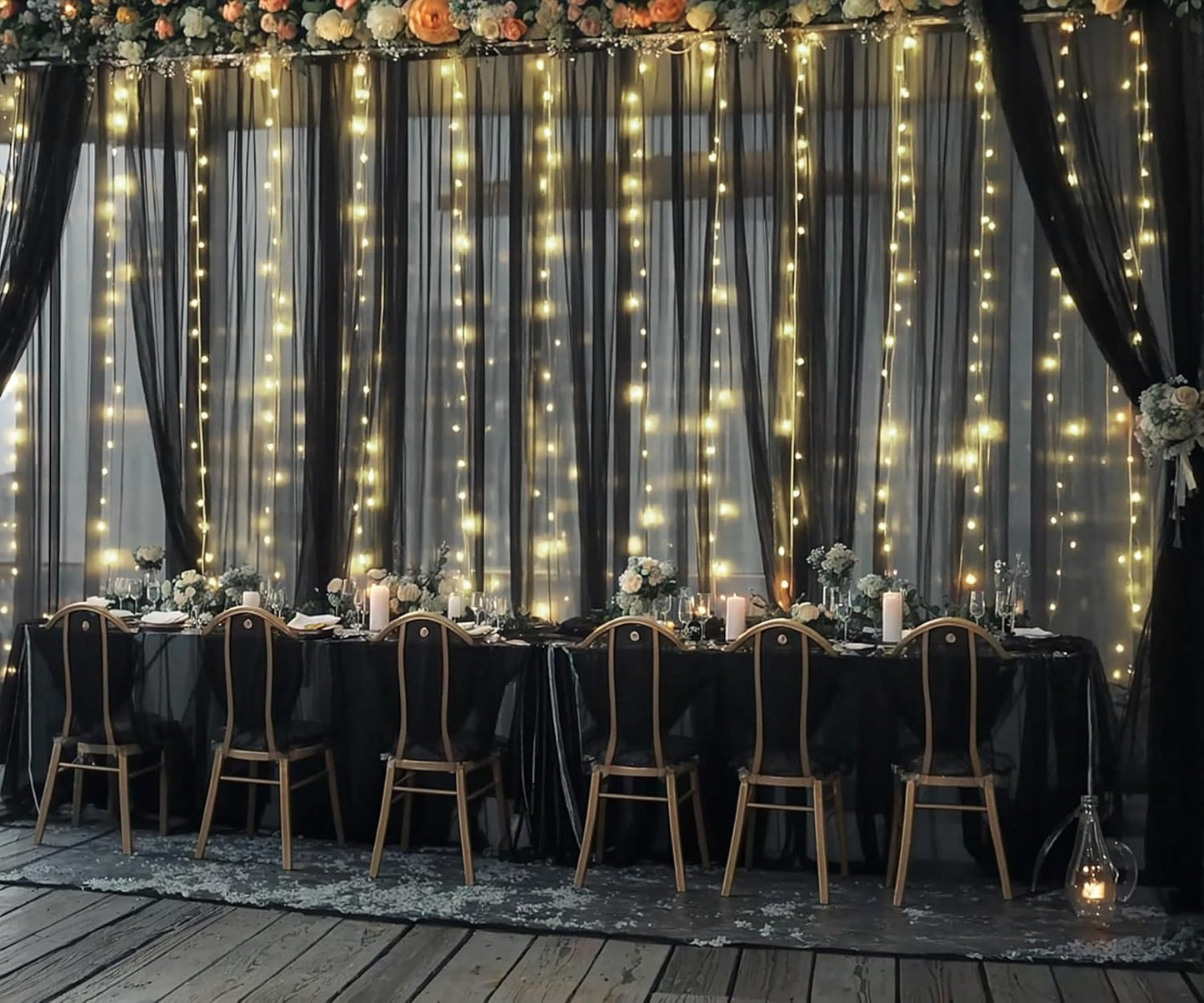 Black Backdrop Curtains with Lights String for Parties Wedding Bridal Shower 10×10ft Sheer Tulle Backdrop Curtain Panels for Baby Shower Birthday Party Photo Shoot Background Wall Decorations