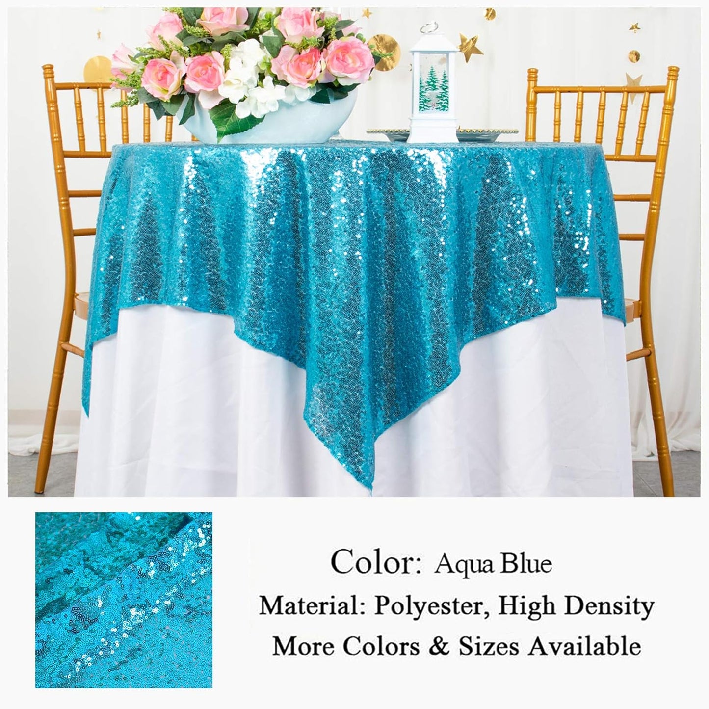 ShinyBeauty Turquoise Sequin Tablecloth, 54''x54'' Square, Elegant Table Overlay, All-Season Tablecover for Party, Event Decoration