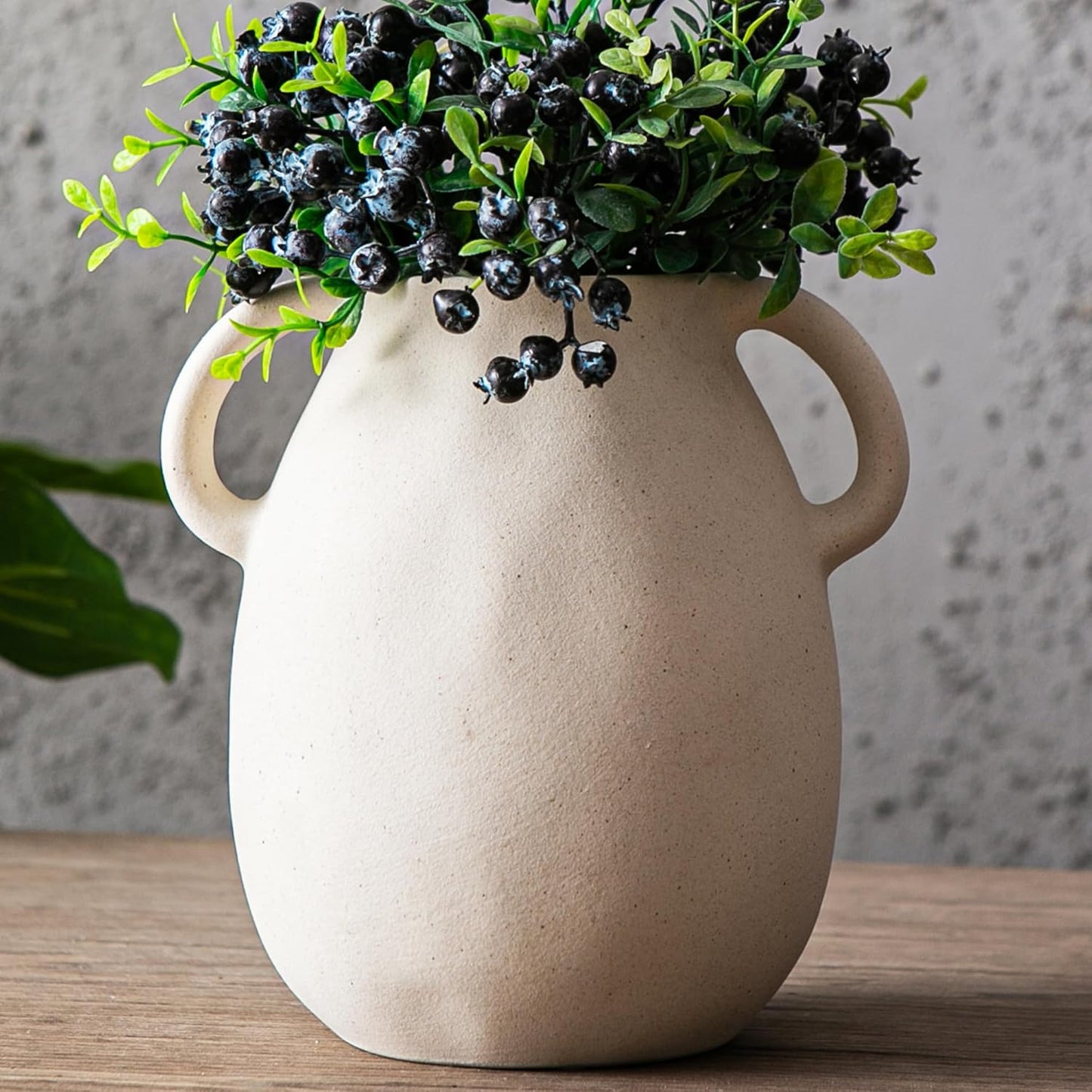 Kimdio White Ceramic Vase with 2 Handles – Sand-Glazed Clay Pottery Vase for Dried Flowers, Rustic Modern Table Decor, Farmhouse Boho Shelf Decoration