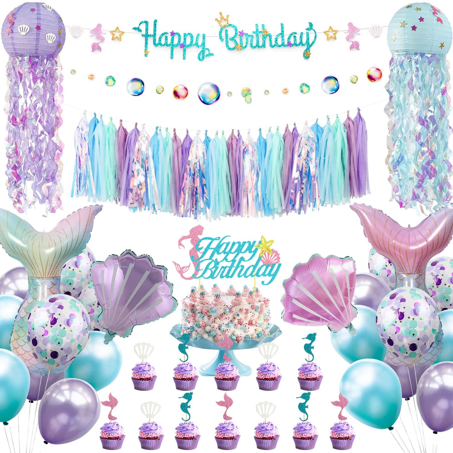 Mermaid Birthday Party Decorations Supplies Banner Tassel Garland Bubble Garland Hanging Jelly Fish