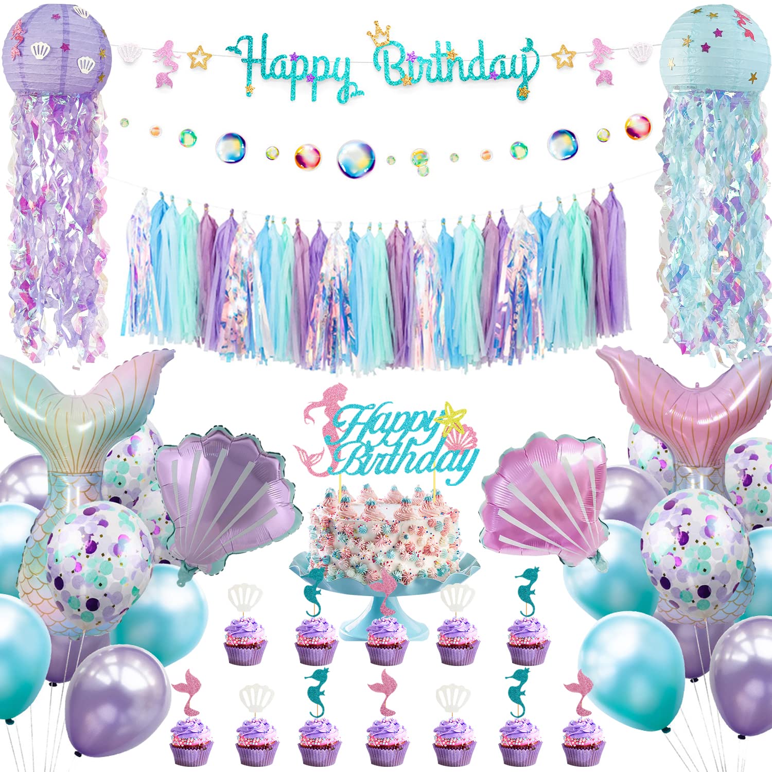 Mermaid Birthday Party Decorations Supplies Banner Tassel Garland Bubble Garland Hanging Jelly Fish