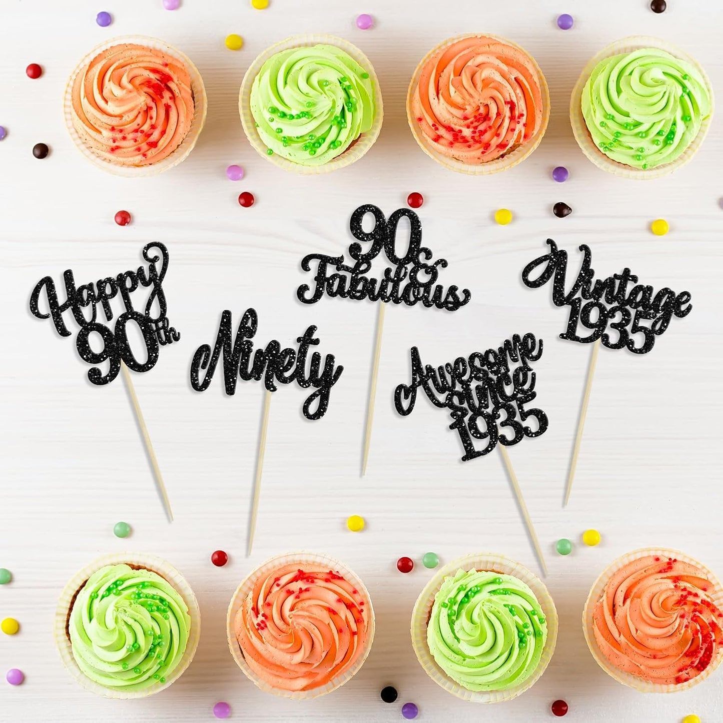 30Pcs Happy 90th Birthday Cupcake Toppers Glitter Awesome Since 1935 Ninety 90 Fabulous Vintage 1935 Cupcake Picks for 90th Birthday Anniversary Retirement Party Cake Decorations Supplies Black