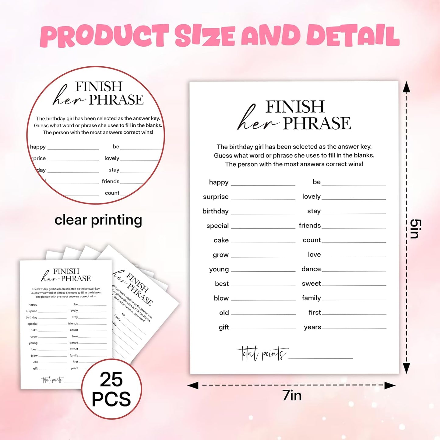 Birthday Party Games, Finish Her Phrase, 25 Pcs Card Set for Guests, Fun Birthday Game for Teen Adults – A01