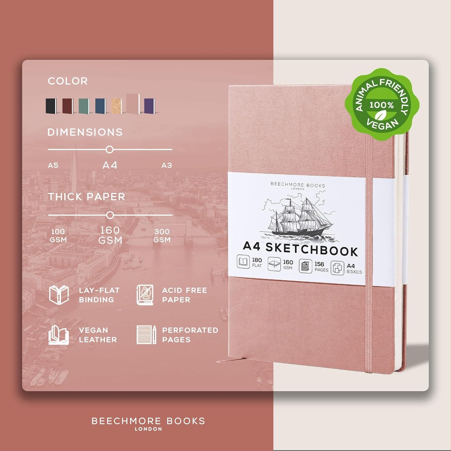 Beechmore Books A4 Sketchbook ??8.5x11 Premium Vegan Leather Bound Large Sketch Book Hardcover with 156 Thick 160gsm Perforated Ivory Pages, Blank Sketch Pad, Gift Boxed, Back Pocket, Ribbon Bookmark