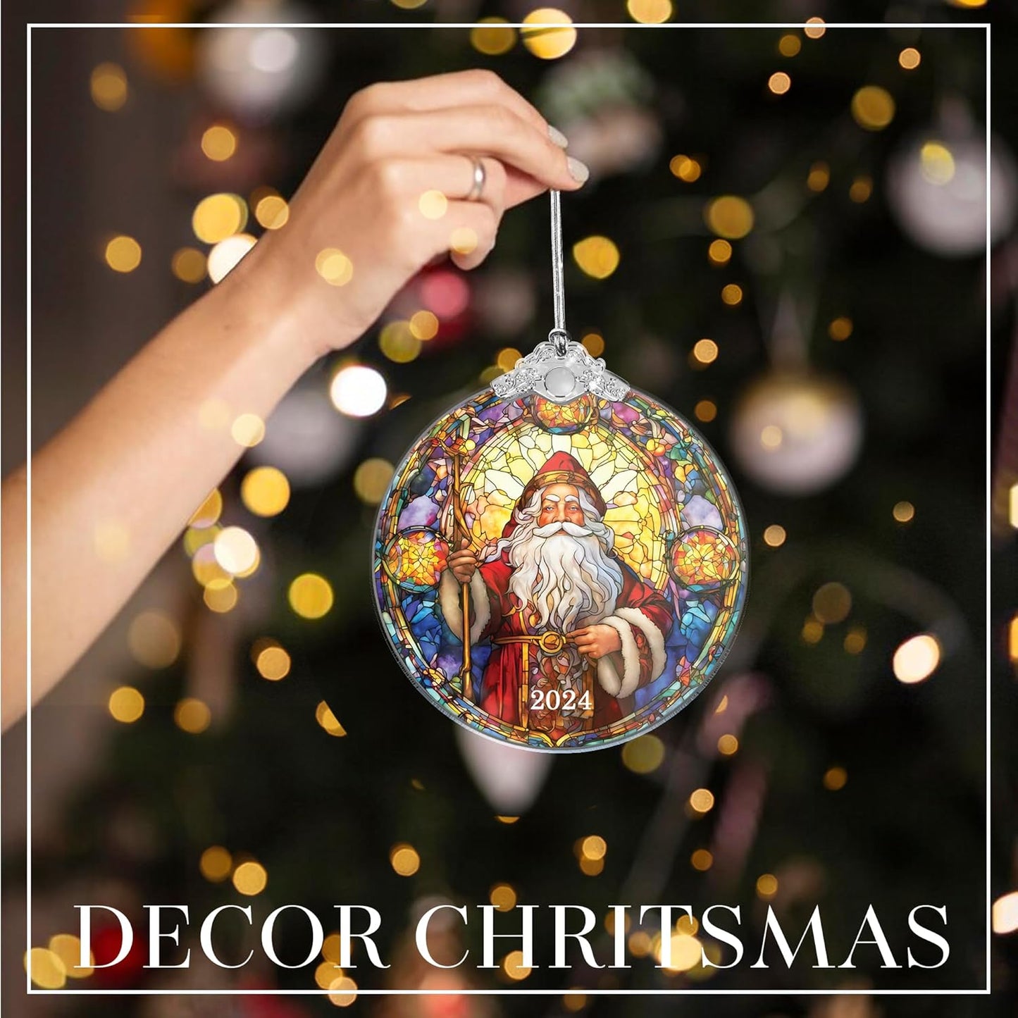 Christmas Tree Ornaments, Stained Glass Effect, Santa Claus Acrylic Art, Holiday Decor, White Elephant Gift for Adults, Christmas Decorations, Stocking Stuffers for Women