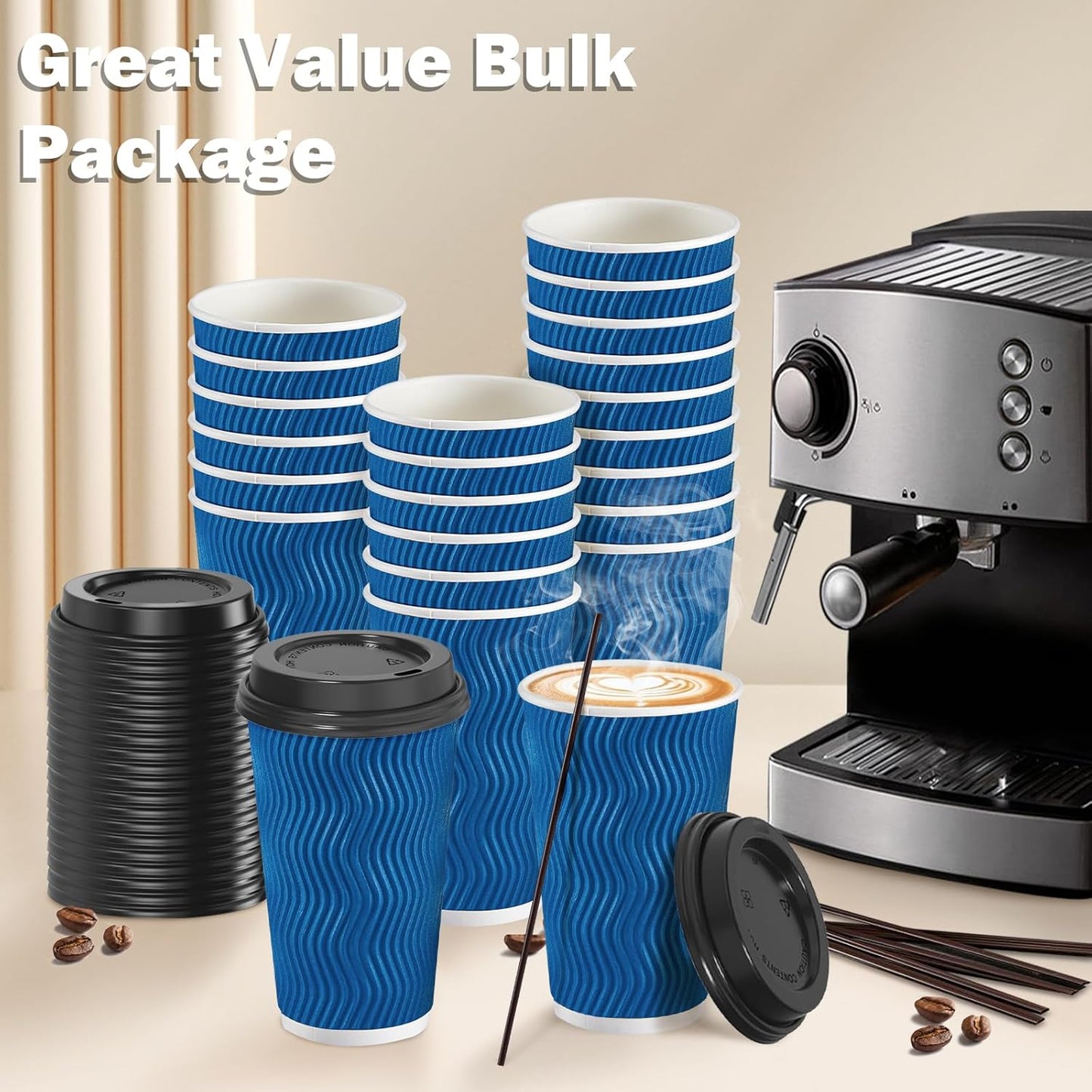 SIUQ 16 oz Coffee Cups-90 Pack Disposable Coffee Cups with Lids and Straws, Insulated Ripple Wall To Go Paper Coffee Cup for Coffee, Hot Chocolate and Hot Tea Drinks - Navy