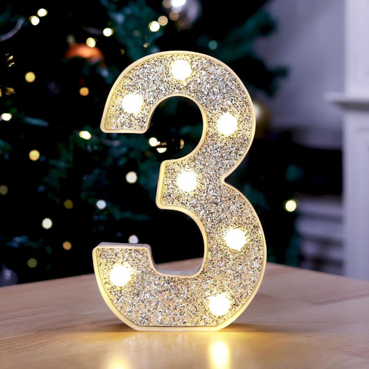 Marquee Light Up Letters, Glitter Silver LED Letter Lights Battery Powered Alphabet Letter Sign for Night Light Wedding Birthday Party Cafe Bar Decoration Girls Room Decor - Number 3