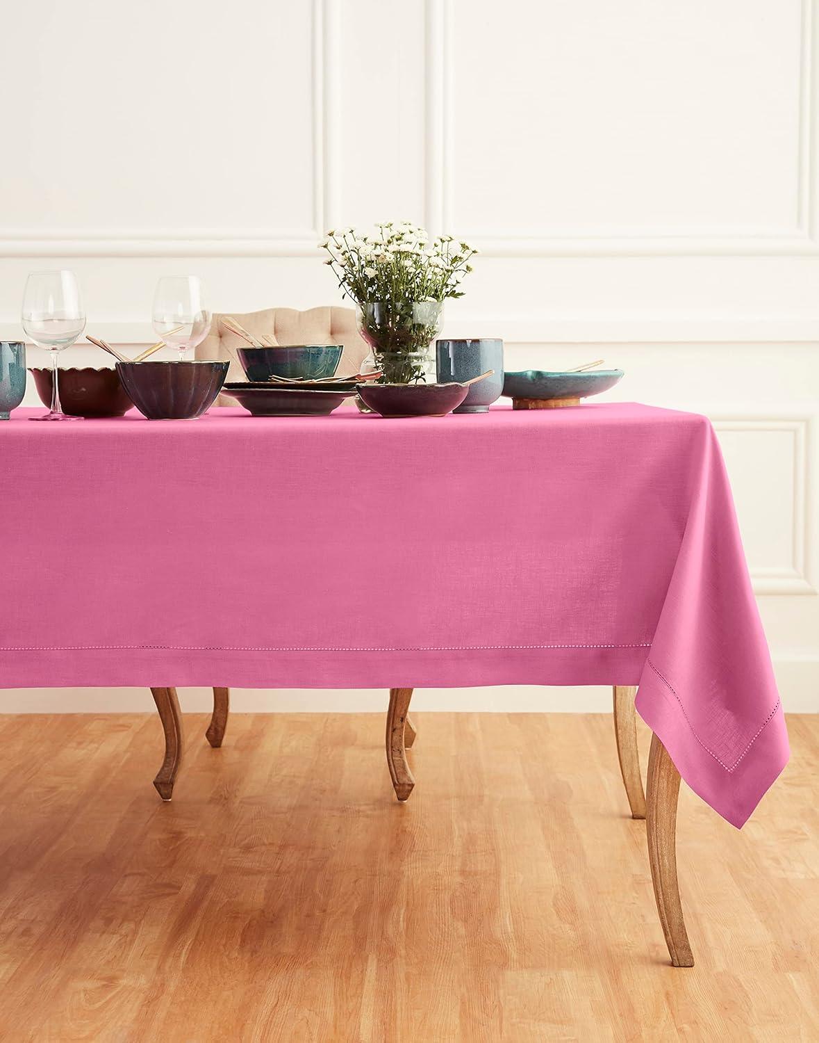 Solino Home Linen Tablecloth for Rectangle Tables 60 x 108 Inch - Classic Hemstitch 100% Pure Linen Flamingo Pink Table Cloth - Machine Washable Cloth Tablecloth for Halloween