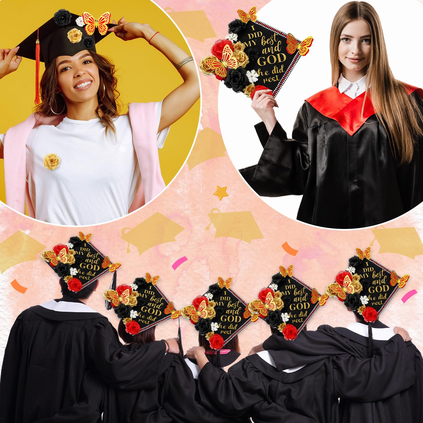 Solsew 35 Pcs DIY Graduation Cap Decorations Kit, Include Faux Flower 3D Butterfly Graduation Quote