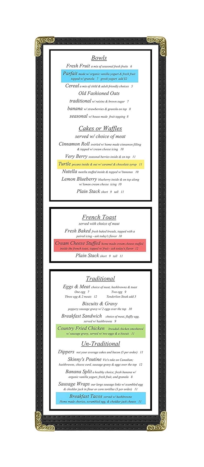 Goodsmart Restaurant Menu Covers - 25 Pack Black 1-Page/2-View 4.25" x 14", Top-Loading Vinyl Menu Holders with Clear Sleeves, Double-Stitched Edge, Leather-Style Café Covers with Gold Corners