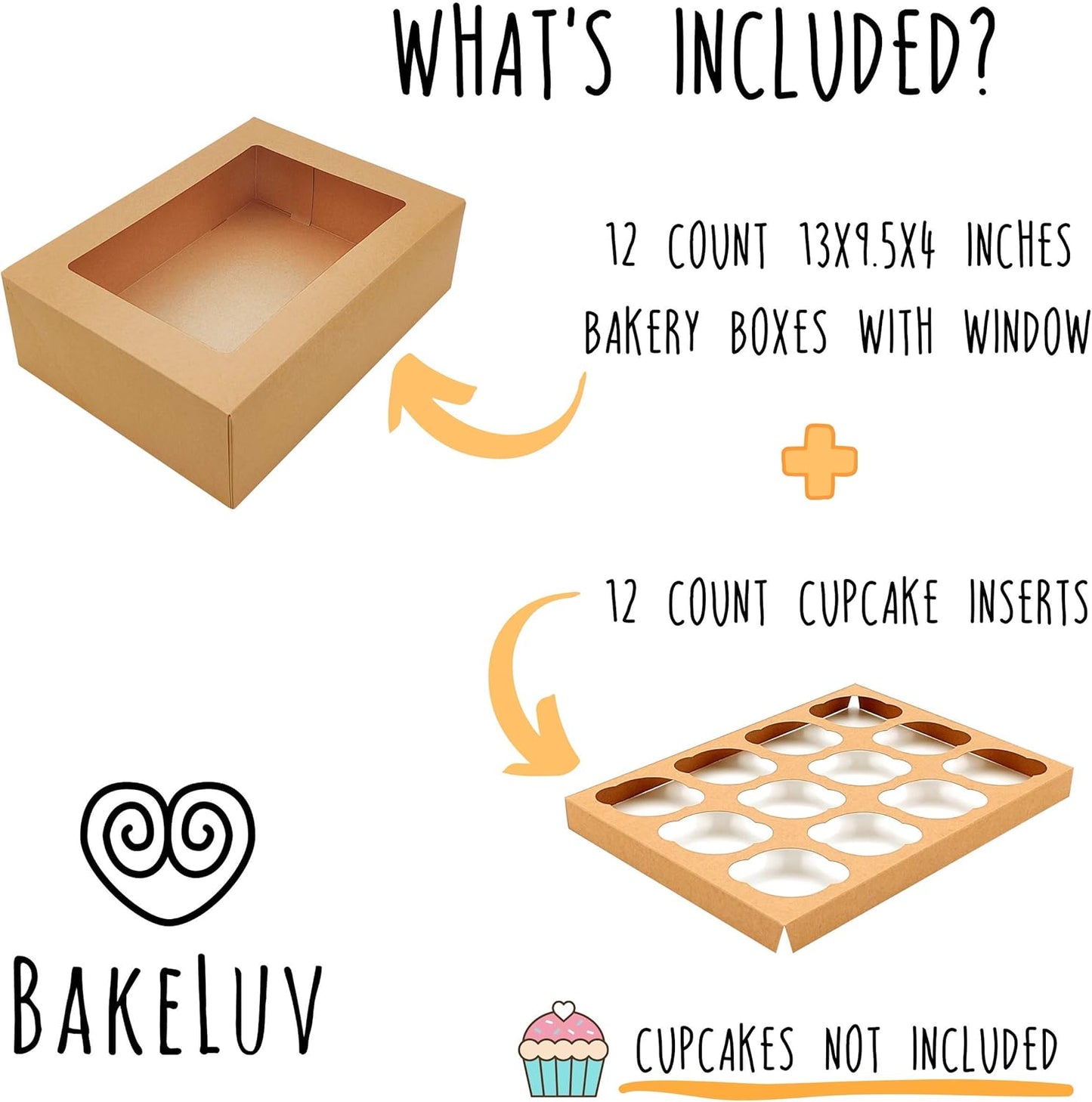 BAKELUV Brown 12 Cupcake Boxes, Cupcake Containers | 13x9.5x4, 12 Pack | 12 Cupcake Box Bulk, Cupcake Boxes 12 Count Carrier, Option to 14x10x4 Bakery Boxes with Window, ¼ Sheet Cake Box 13x9 Inches