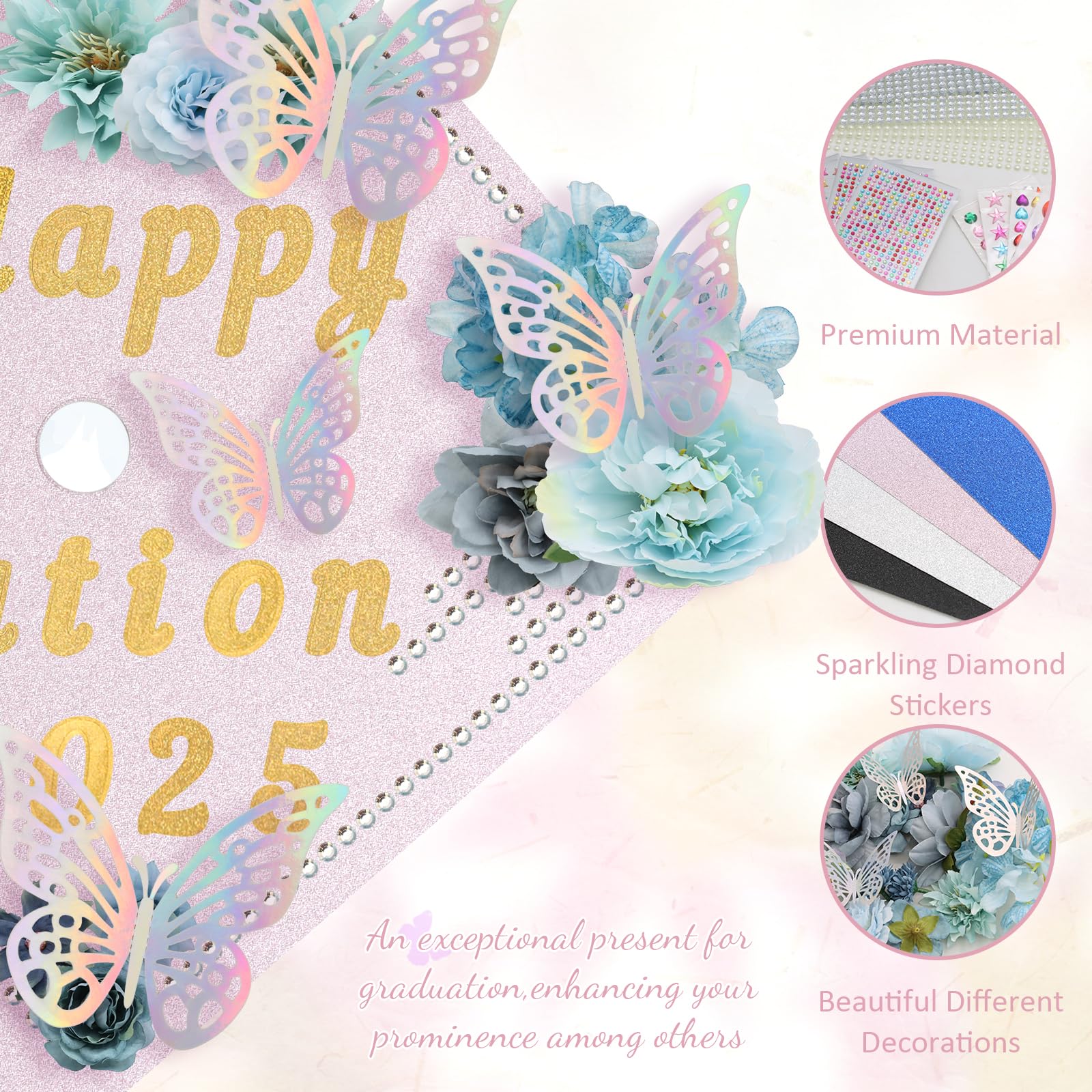 ZYNERY Graduation Cap Decorations Kit Grad Cap Topper Decor Includes Glitter Paper 3D Butterfly