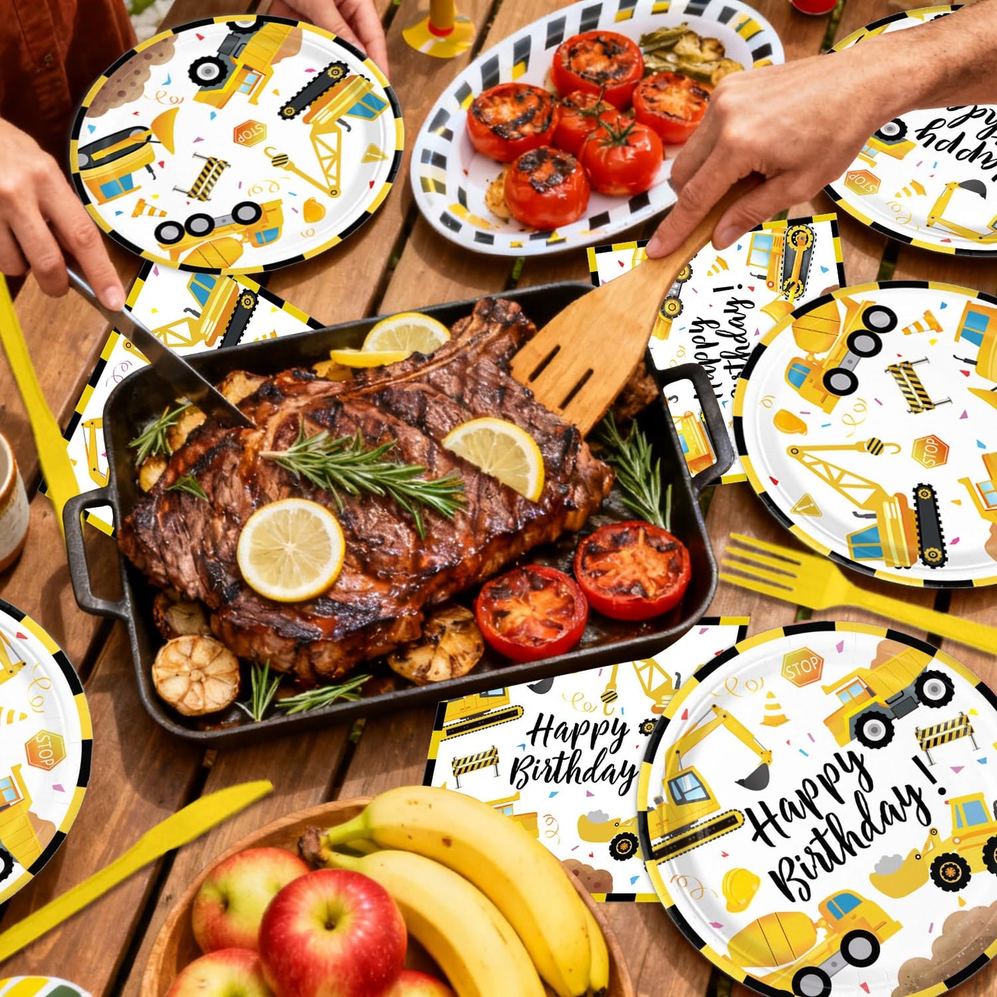Construction Birthday Party Supplies - Plates, Napkins, Cups, Cutlery, Banner, Hanging Swirls