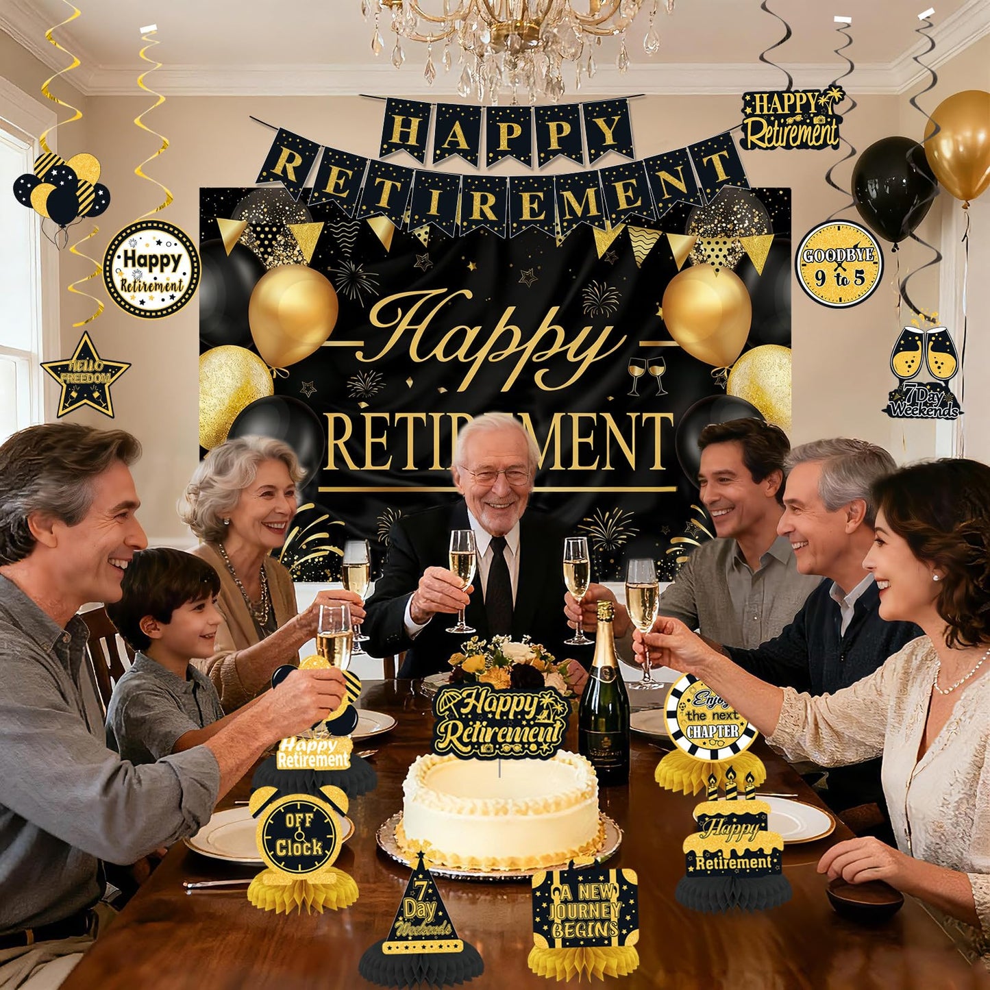 Retirement Party Decorations for Men Women Black Gold Happy Retirement Banner Backdrop Honeycomb