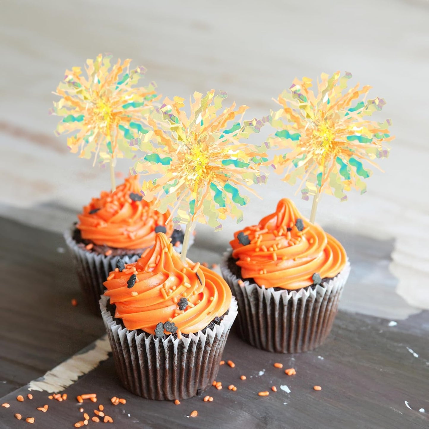 Ephlyn 30Pcs Foil Firework Cupcake Toppers Sparkle Tinsel Drink Birthday Cake Decorations Cocktail Food Fruit Toothpick for New Years Wedding Birthday Party Decorations Yellow