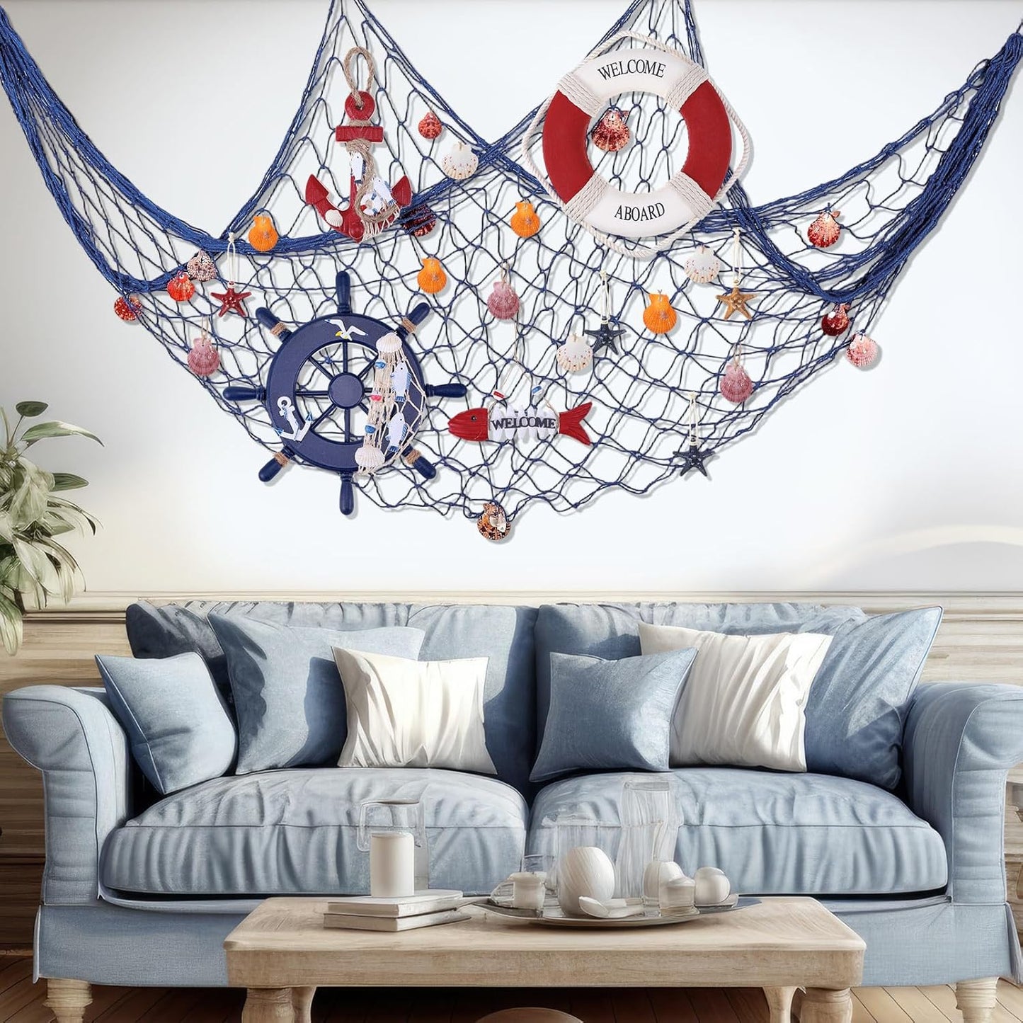 Marsui 11 Pcs Wooden Nautical Wall Decor Fishing Net Decoration, Include Decorative Fishing Net, Ship wheel, Fish Skeleton, Life Ring, Anchor, Starfish Beach Decor for Mediterranean Party (Retro Red)