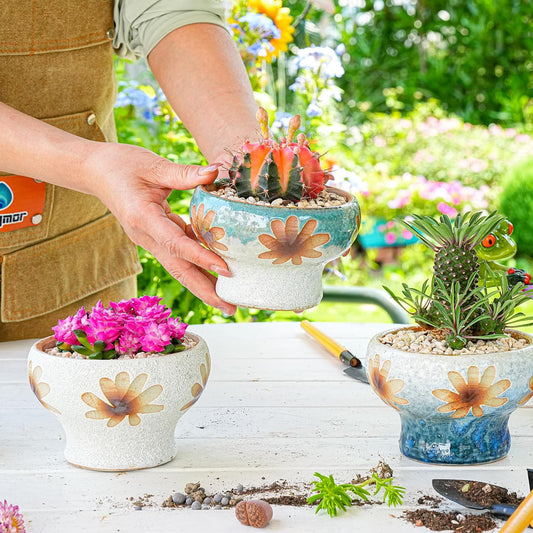Sungmor Small Succulent Planters Set of 3, Beautiful Hand Crafted Ceramic Plant Pots Cute Cactus Pot, 4.9 Inch Flower Pots for Indoor Plants with Drainage, Desktop Windowsill Home Office Decor Pots