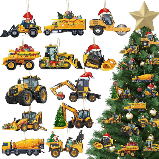 Suzile 36 Pcs Christmas Wooden Ornaments Christmas Construction Truck Ornaments Decoration Vintage Excavator Tree Decoration Construction Truck Hanging Crafts for Farmhouse Home Xmas Party Decor