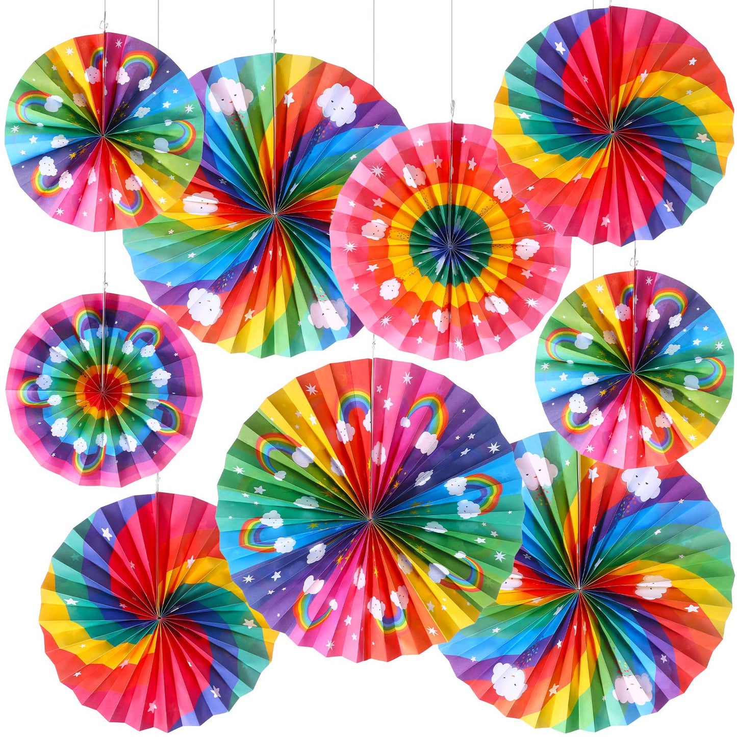 Outus 9 Pcs Rainbow Party Decorations Paper Fans Boho Classroom Bulletin Board Decor Ceiling Wall