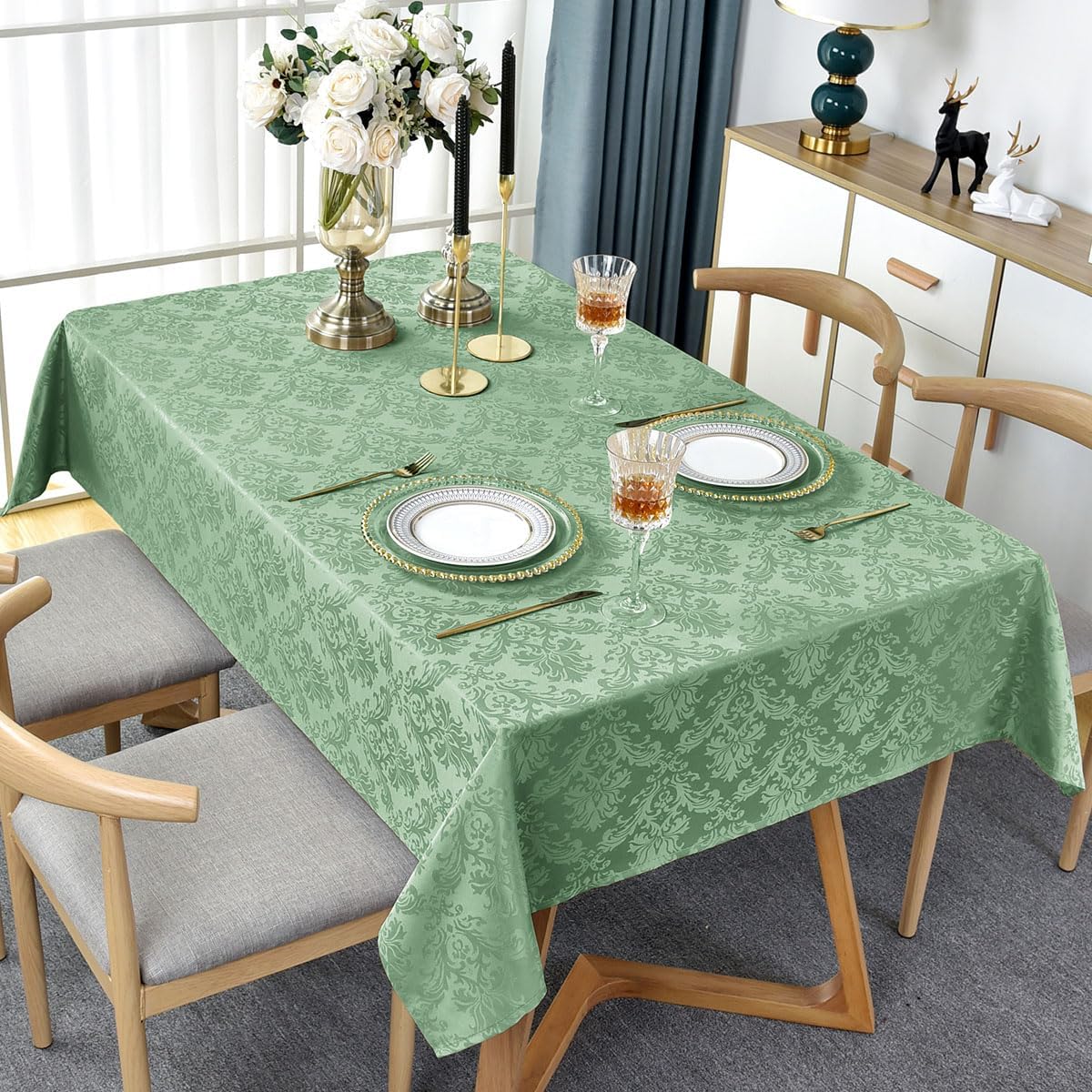 Flower Jacquard Rectangle Tablecloth 60 x 120 Inch Spill Proof Wrinkle Free Heavy Damask Table Cloth, Fabric Table Cover for Dining, Party, Wedding, Indoor, Outdoor, Sage Green