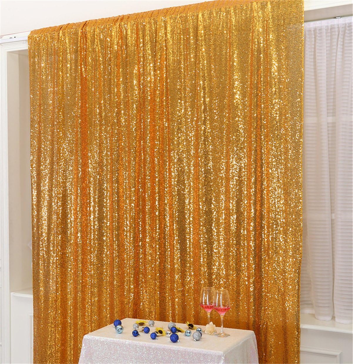 Eternal Beauty Yellow Gold Sequin Backdrop, 7x7 Ft Glitter Background Curtains for Shimmer Photography Party Wedding Birthday Back Drop Decor