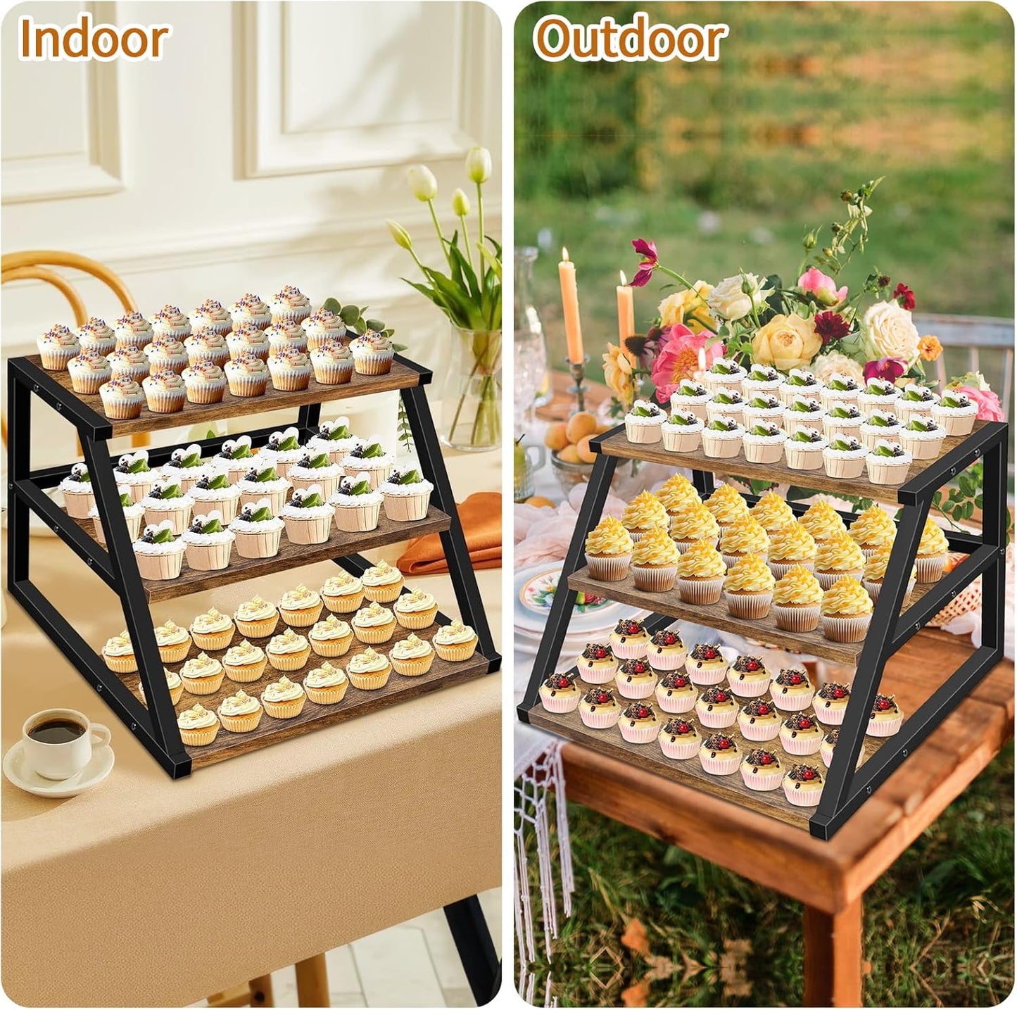 Cupcake Stand, 3 Tier Large Cupcake Stand for 50 Cupcakes Rustic Cupcake Display Stand Square Wood Dessert Table Display Set Cupcake Tower Tiered Tray Stand for Wedding Birthday Graduation Baby Shower