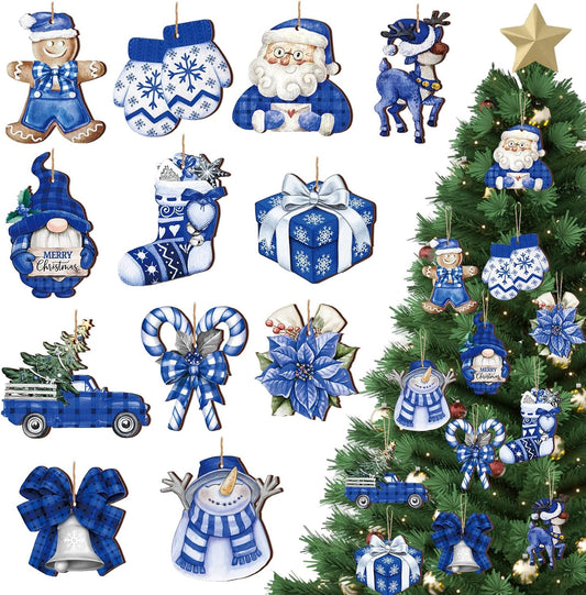 Suzile 36 Pcs Christmas Wooden Ornaments Blue Christmas Ornaments for Tree Vintage Winter Tree Decorations Xmas Hanging Wood Cutouts Decor for Farmhouse Home Winter Holiday Party Wreaths
