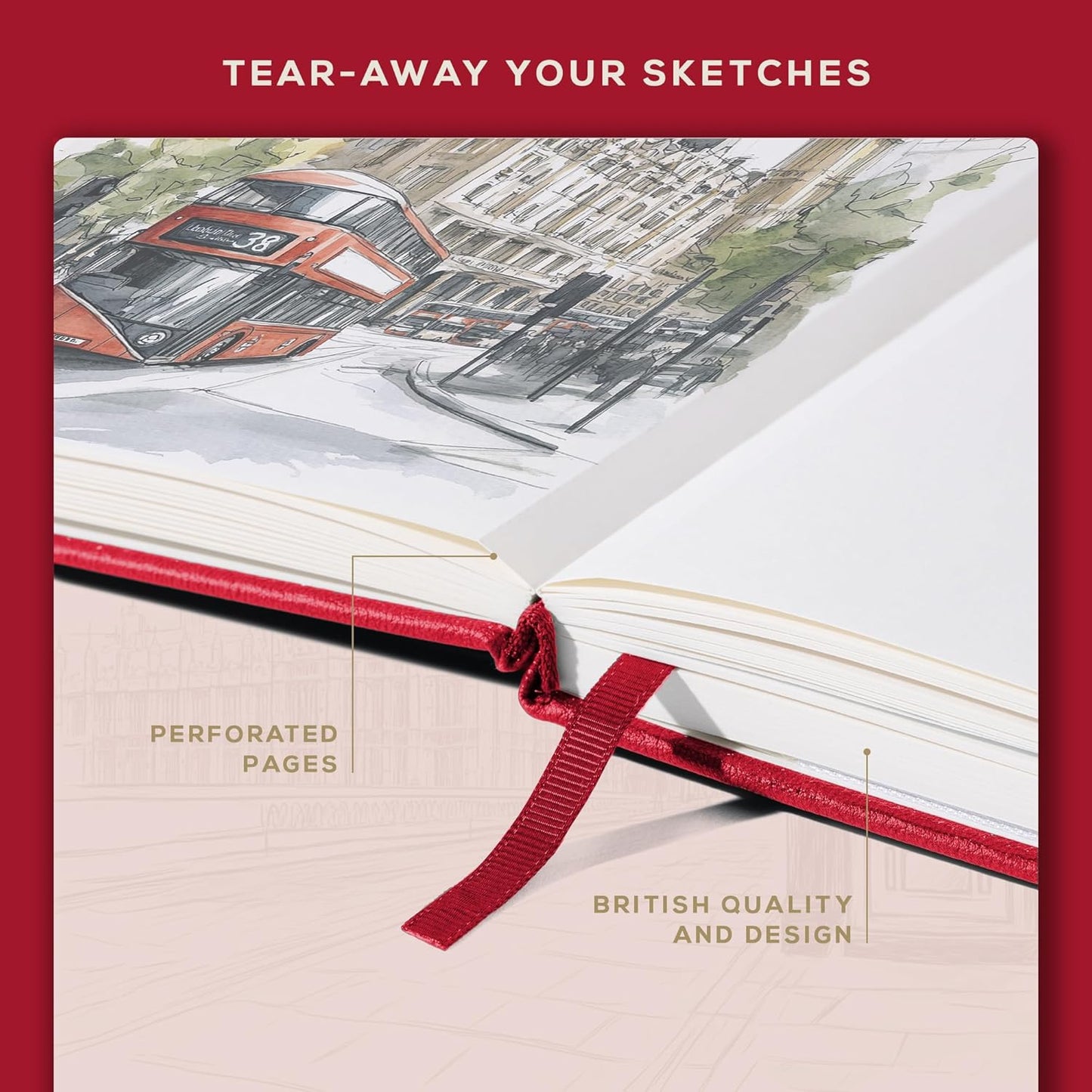 Beechmore Books A4 Sketchbook ??8.5x11 Premium Vegan Leather Bound Large Sketch Book Hardcover with 156 Thick 160gsm Perforated Ivory Pages, Blank Sketch Pad, Gift Boxed, Back Pocket, Ribbon Bookmark