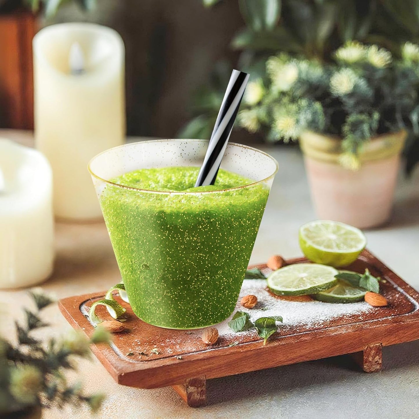 [200 Pack] 9oz Plastic Cups with Gold Glitter Sturdy & Food Safe Plastic Wine Glasses Disposable Cups Party Wedding Cups Cocktail Glasses for Wine, Juice & Cold Beverages