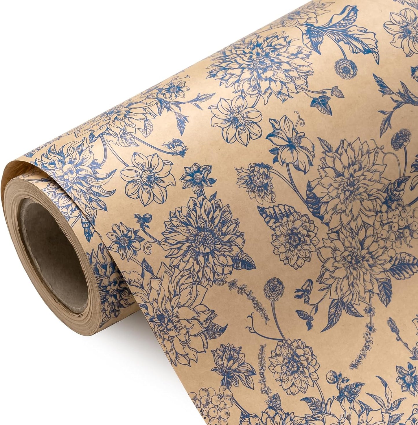 WRAPAHOLIC Kraft Blue Floral Wrapping Paper - Mini Roll - 17 Inch x 16.5 Feet - Vintage Blue Toile De Jouy Flower Wrapping Paper Perfect for Wedding, Birthday, Bridal Shower, Tea Party