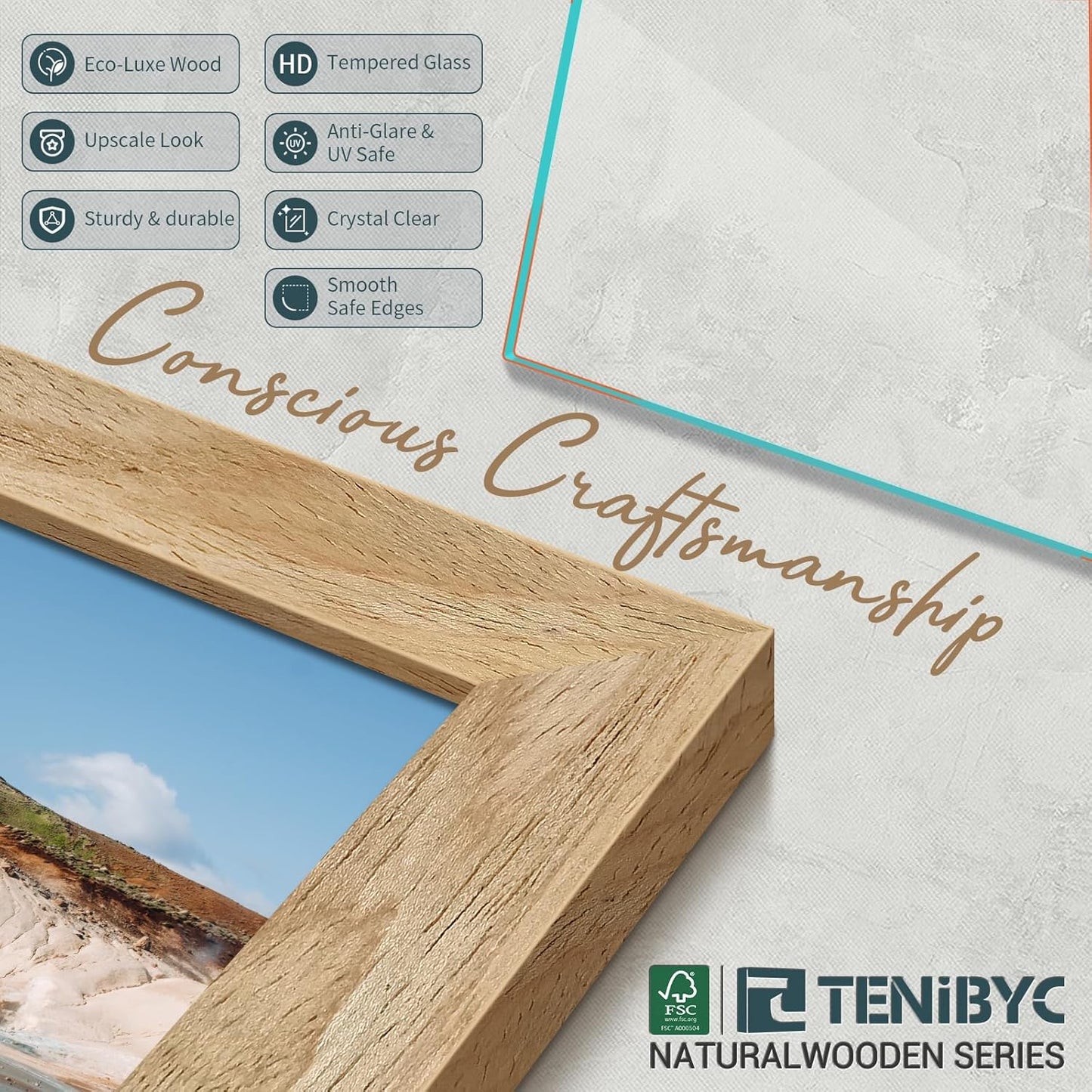 13x19 Picture Frame 4 Pack, Textured Elegant Natural Solid Wood & HD Tempered Glass, Gallery Poster Frame - Wall Hanging