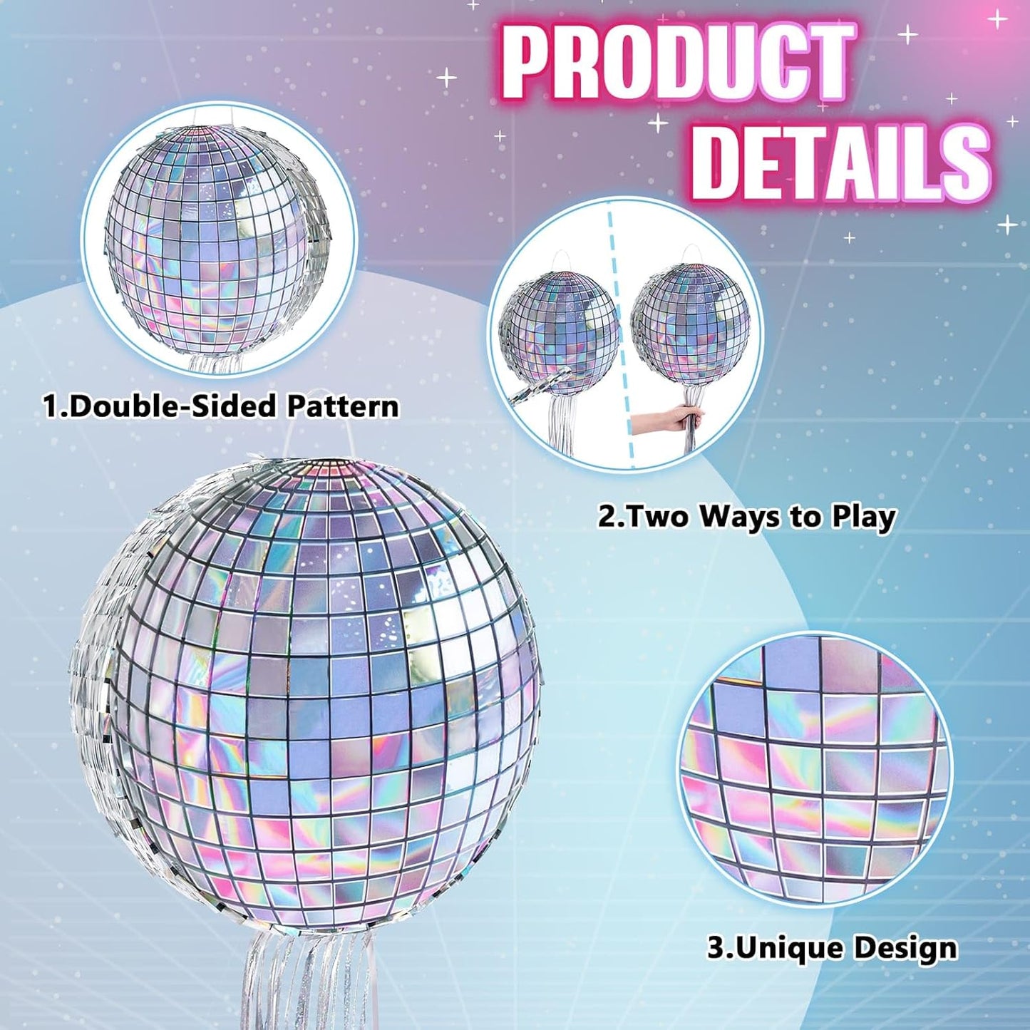 WERNNSAI Disco Ball Piñata - Disco Party Decoration for Adult Birthday Party Supplies Hanging Disco Piñata with Bat Blindfold Mirror Roller Skating Pull String, 12.2” x 12.2”