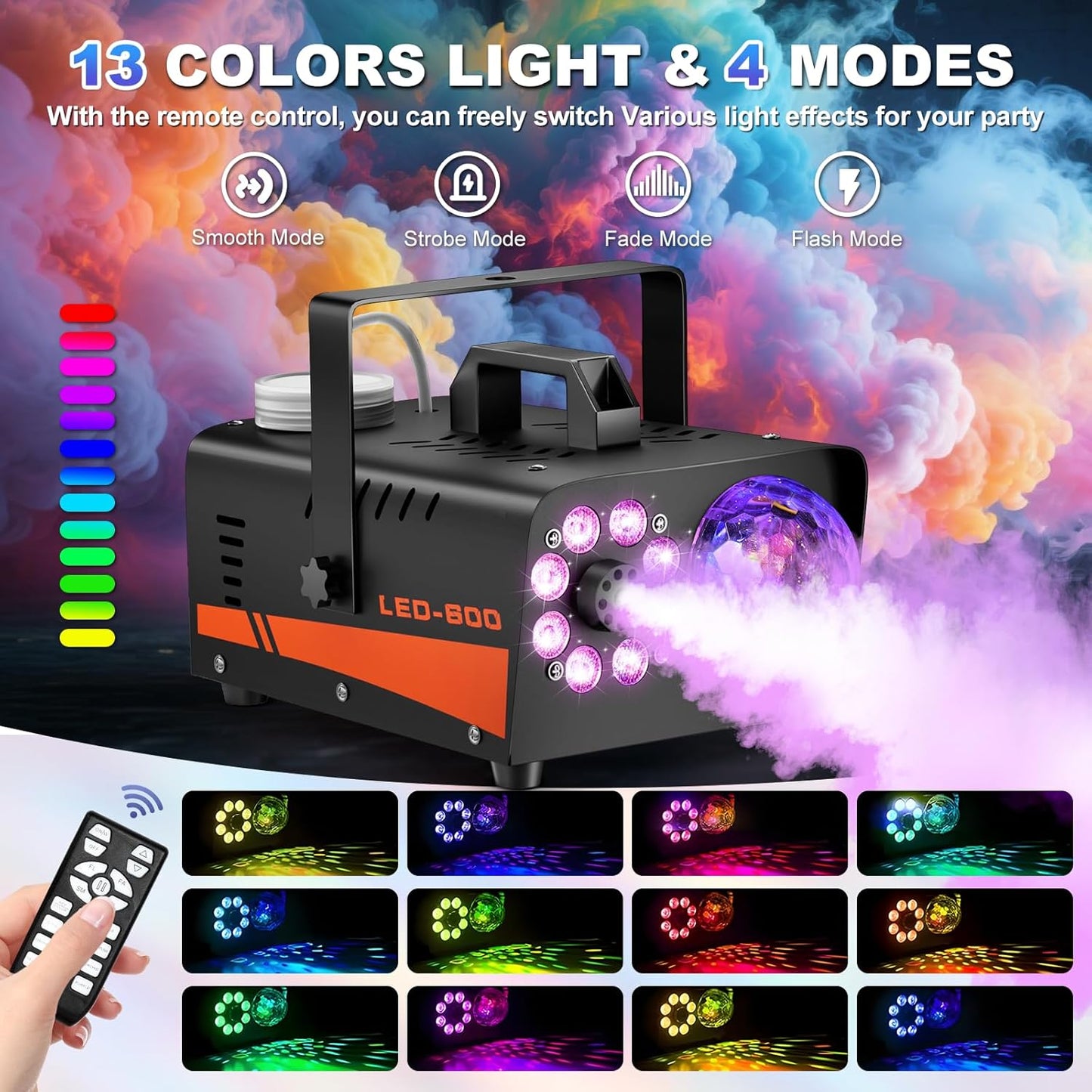 Fog Machine, Halloween Smoke Machine with Disco Ball Lights, 600W and 3000CFM with 13-Color LED Effects, Wired And Wireless Remote Controls, Ideal for Indoor, Outdoor, Wedding, Parties, and DJ Stage