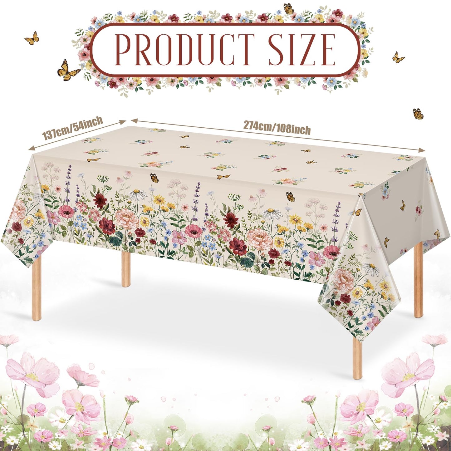 3 Pcs Spring Floral Tablecloth, Butterfly Wildflower Plastic Disposable Tablecloth Rectangle Table