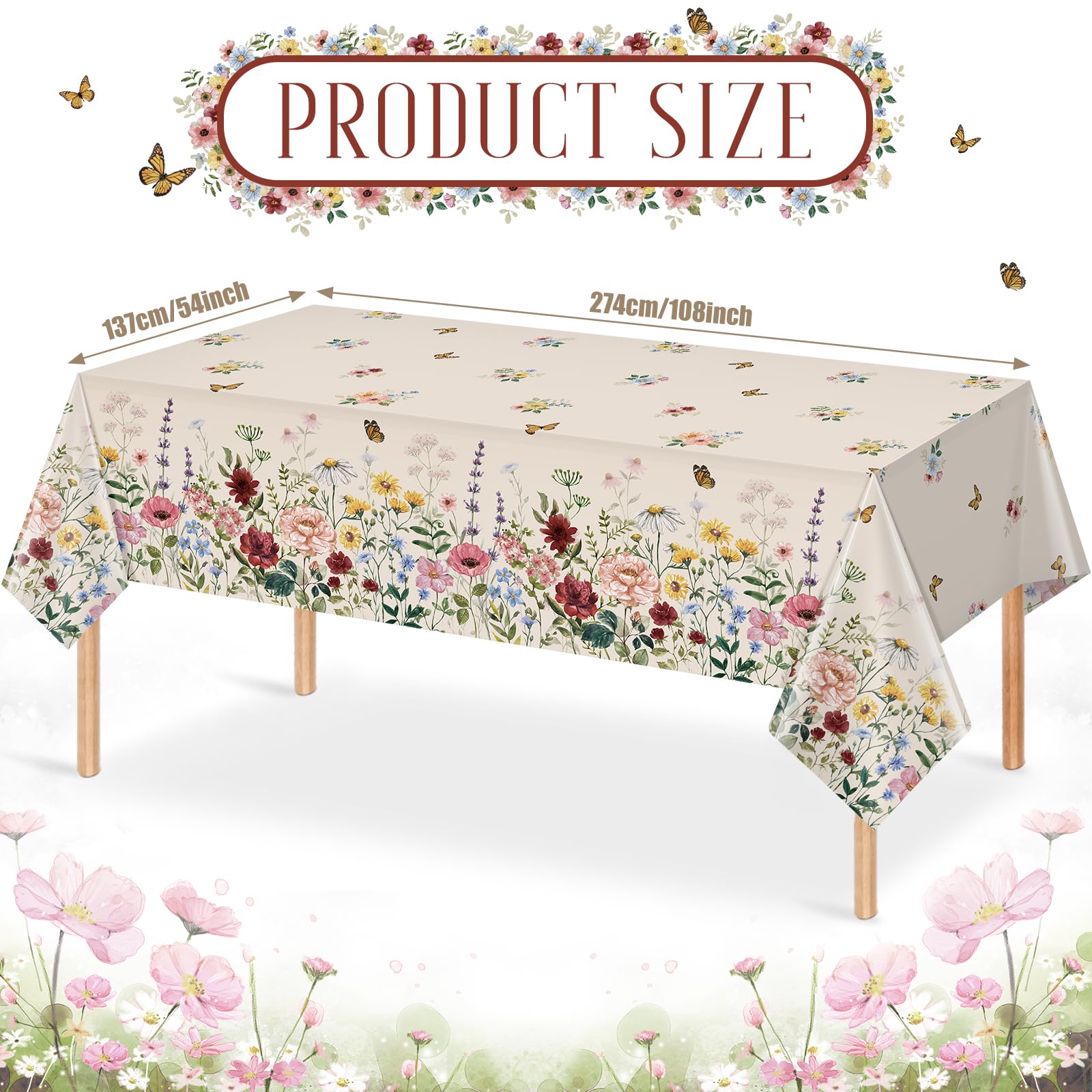 3 Pcs Spring Floral Tablecloth, Butterfly Wildflower Plastic Disposable Tablecloth Rectangle Table