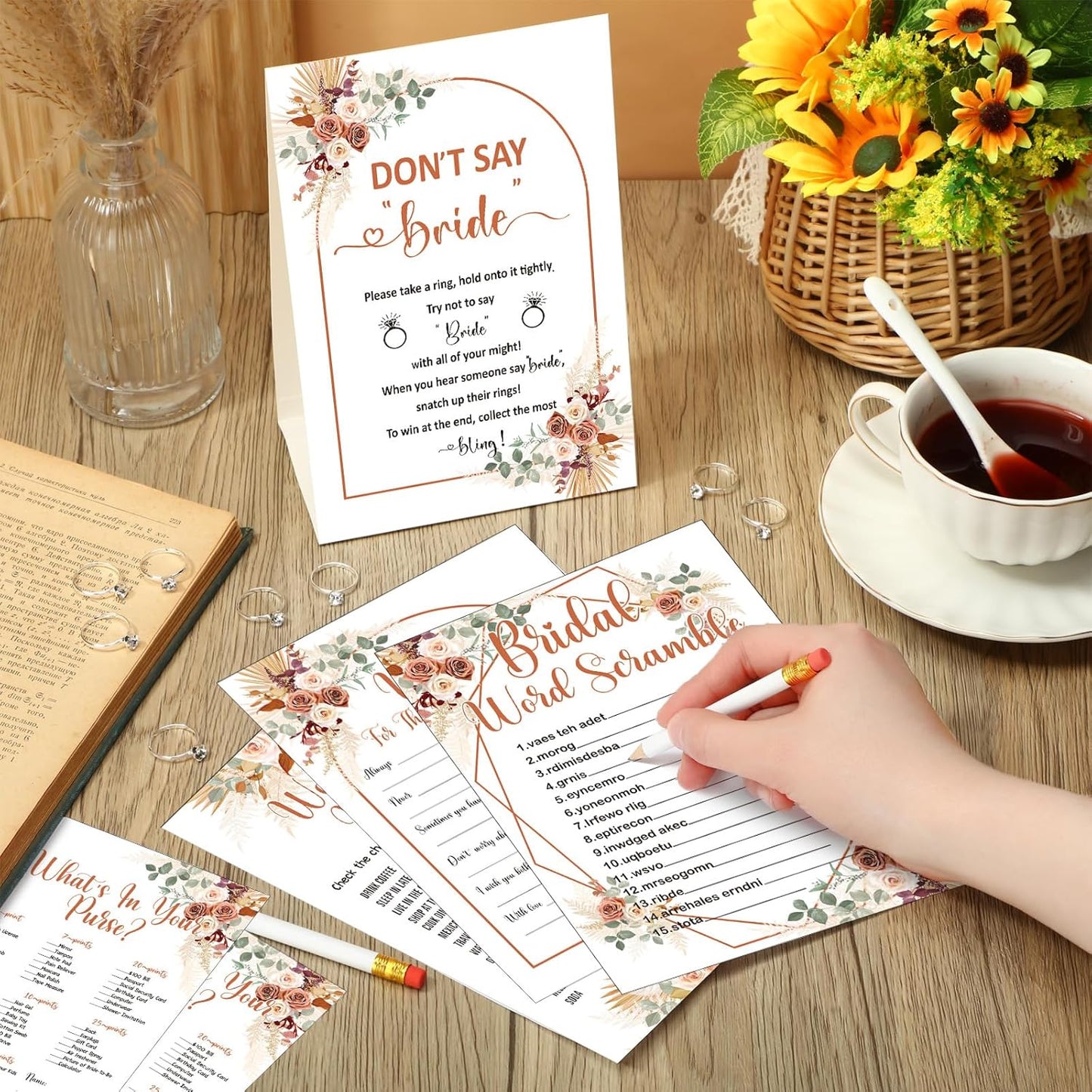 Estune 331 Pcs Bridal Shower Games Supplies, 5 Sets 250 Pcs Wedding Cards 1 Put a Ring on It Bridal Shower Games with 60 Rings and 20 Pencils(Boho Style)