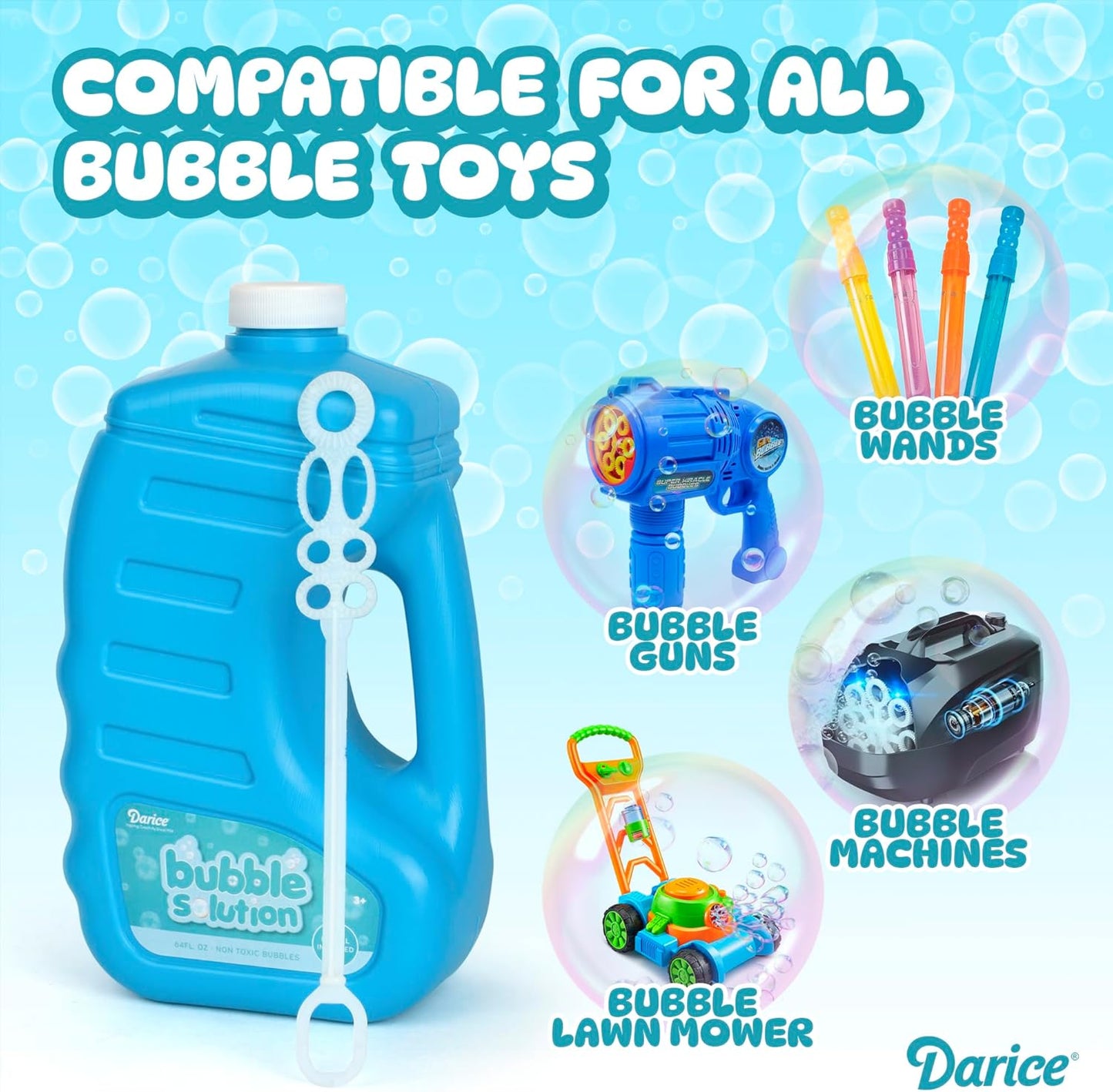 Darice 64oz Bubble Solution Refill for Bubble Machines & Blowers - Easter, Weddings, Birthdays, Outdoor - 2 Big Bubble Wands Included - Non-Toxic Safe for Toddlers & Kids, Colors May Vary
