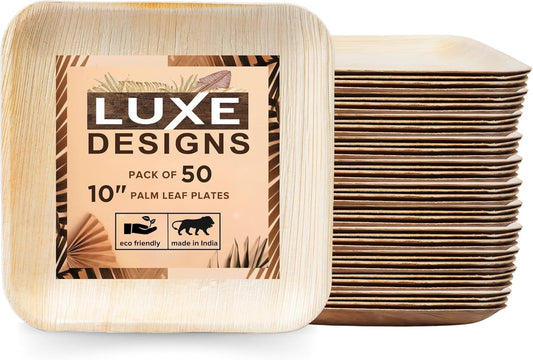 Disposable Palm Leaf Plates - Eco-Friendly Alternative to Bamboo Plates and Plastic Plates - Heavy-Duty Compostable & Biodegradable Party Plates - Microwave and Oven Safe Dinnerware - 10" Set of 50