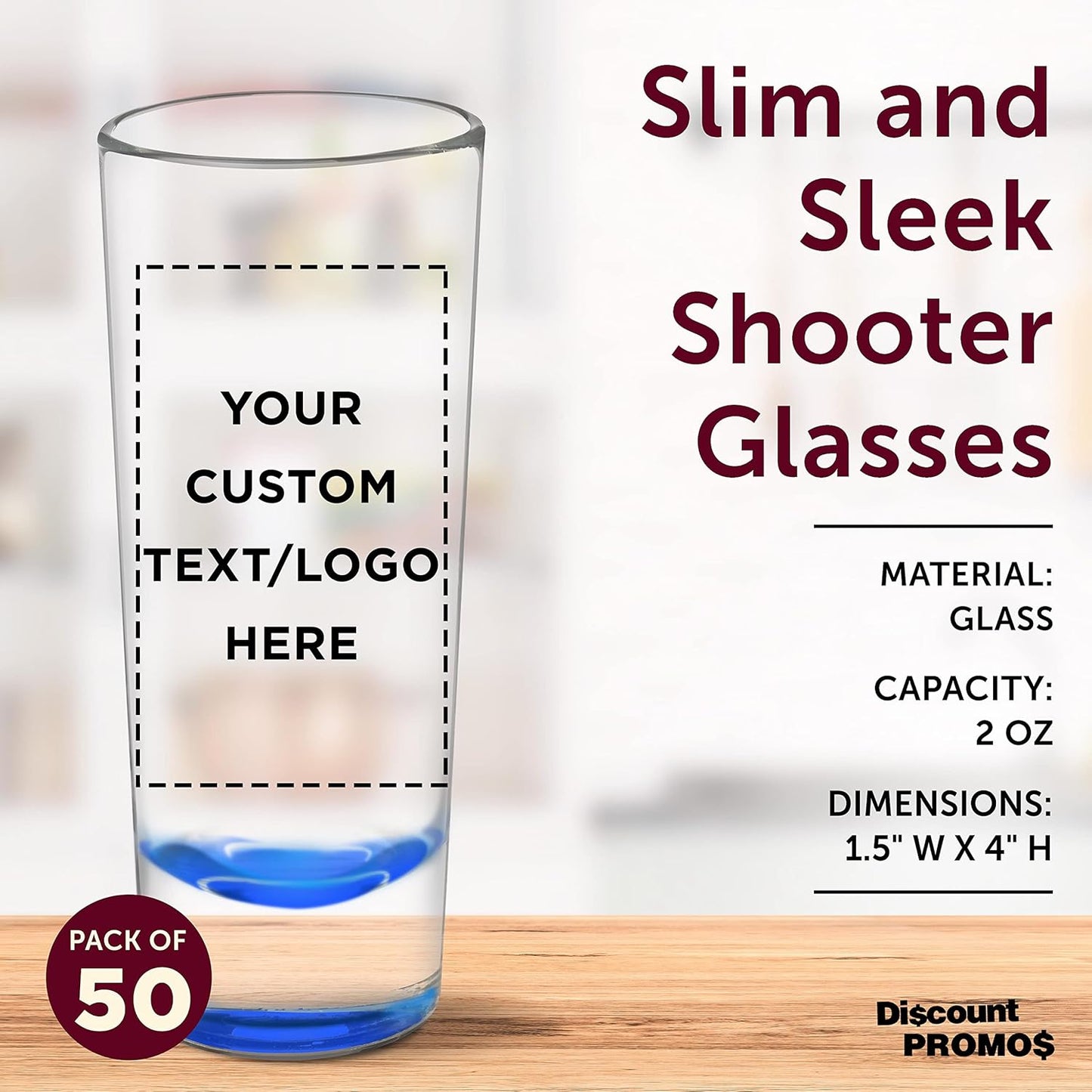 Custom Cordial Shooter Shot Glasses 2 oz. Set of 50, Personalized Bulk Pack - Great for Birthdays, Parties, Indoor & Outdoor Events - Blue
