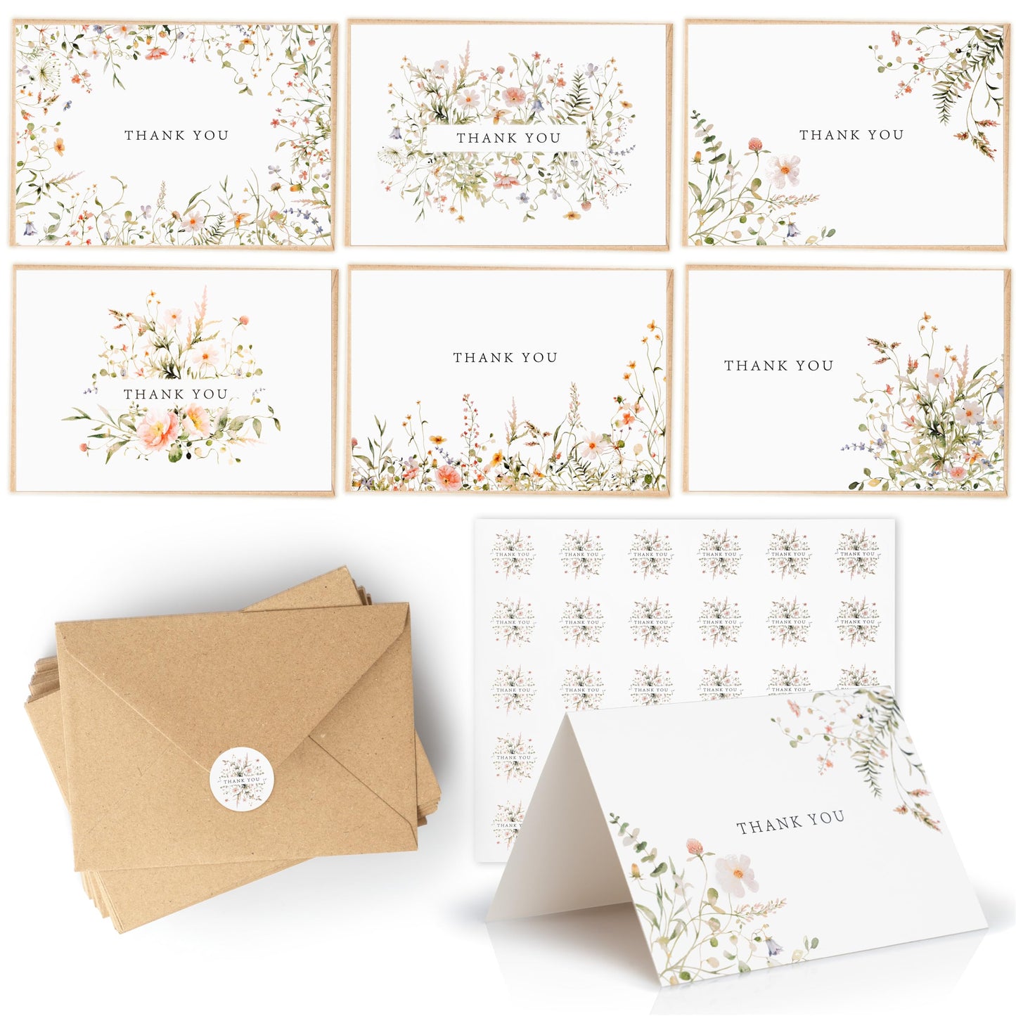 52-pack Floral Thank You Cards Bulk with Kraft Envelopes & Matching Stickers, 3.5x5 Inches, 6