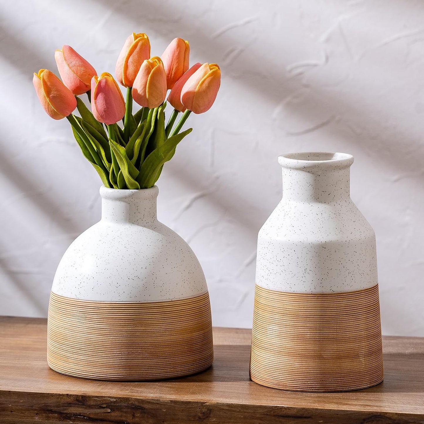 Rustic Farmhouse Flower Round Ceramic Striped Vase, Brown and White Modern Decorative Ceramic Flower Vase for Home Cottage Core Decor, Table, Living Room, Bookshelf Decor, Mantel, Wedding 6.5 Inch