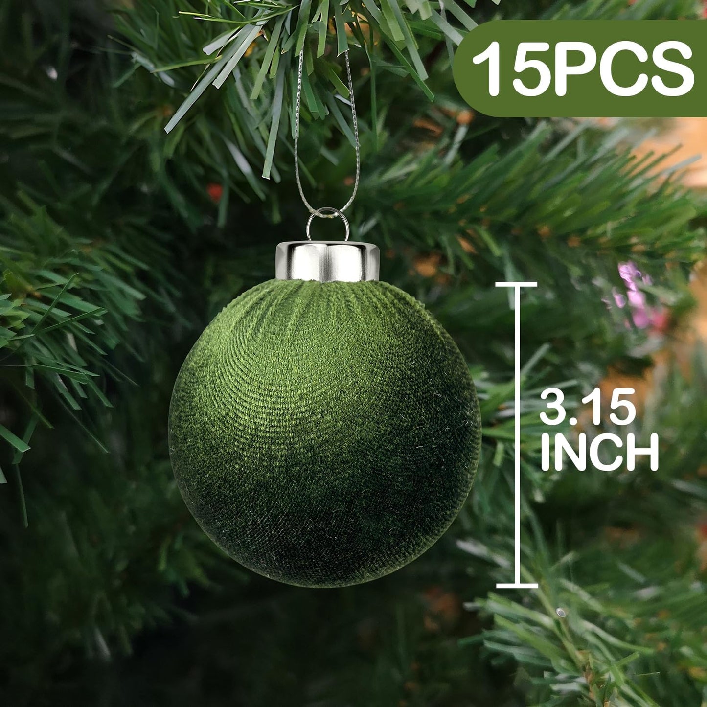 Green Velvet Ornaments for Christmas Tree 15 PCS, Big Neutral Flocked Christmas Bulbs Ornaments Set, Matte Suede Xmas Hanging Baubles Decorations (Sage Green, 3.15 Inch)