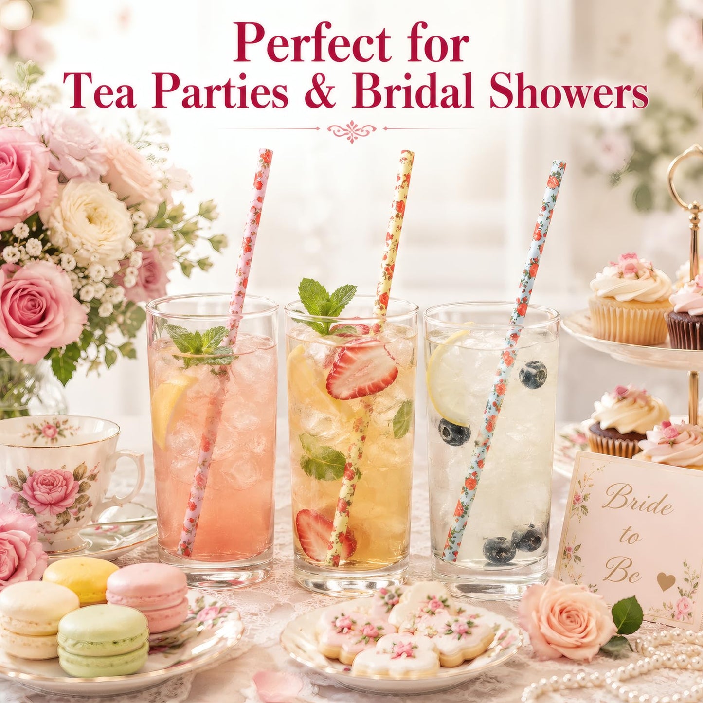 ALINK Floral Paper Straws 100 Count, 7.75 Inch Vintage Rose Disposable Drinking Straws, Decorative