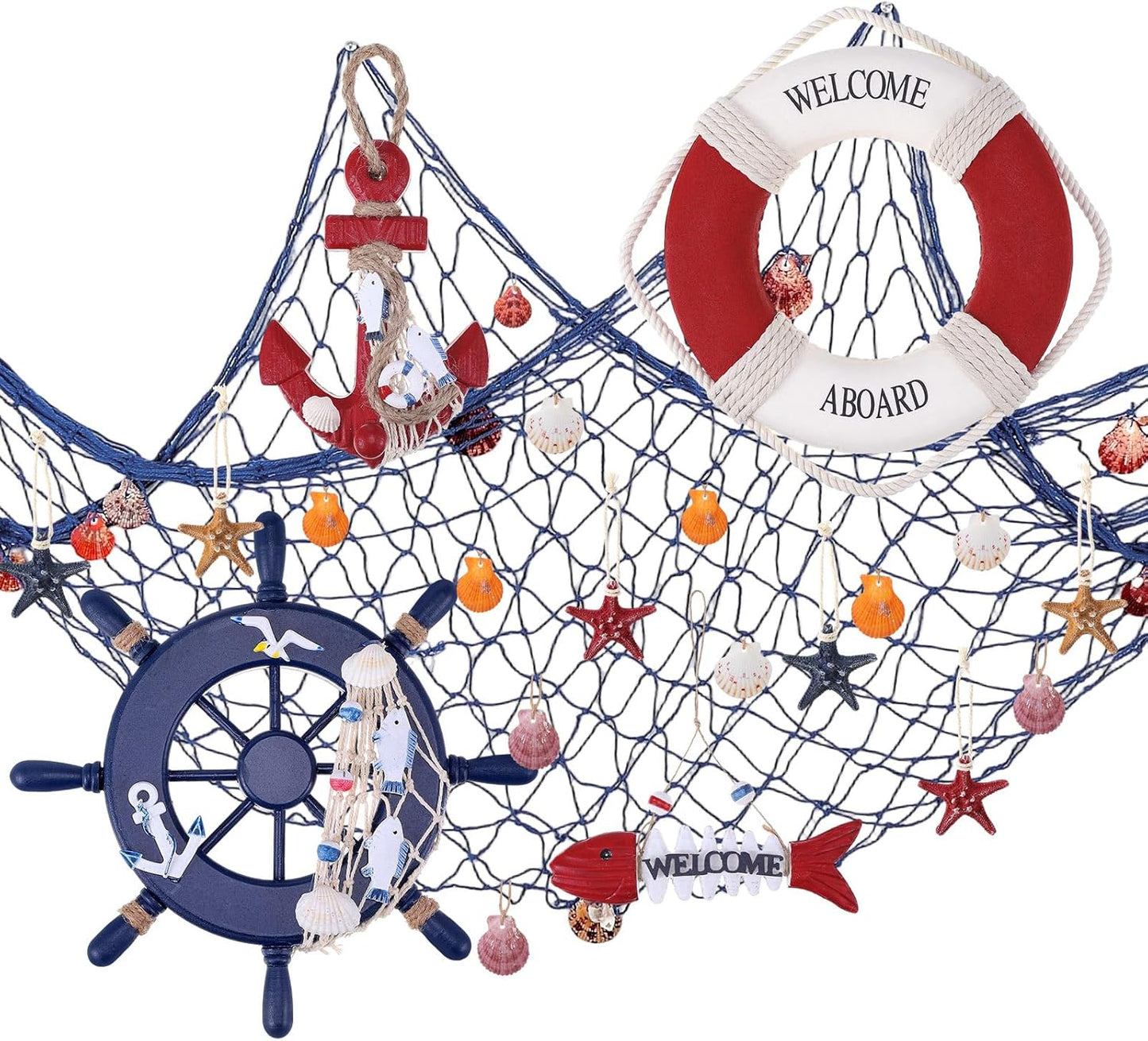 Marsui 11 Pcs Wooden Nautical Wall Decor Fishing Net Decoration, Include Decorative Fishing Net, Ship wheel, Fish Skeleton, Life Ring, Anchor, Starfish Beach Decor for Mediterranean Party (Retro Red)