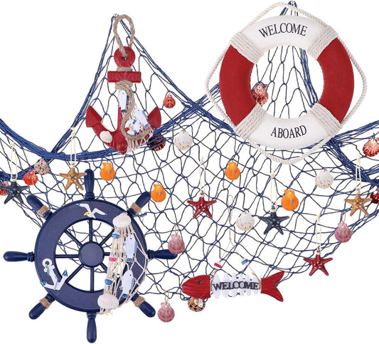Marsui 11 Pcs Wooden Nautical Wall Decor Fishing Net Decoration, Include Decorative Fishing Net, Ship wheel, Fish Skeleton, Life Ring, Anchor, Starfish Beach Decor for Mediterranean Party (Retro Red)